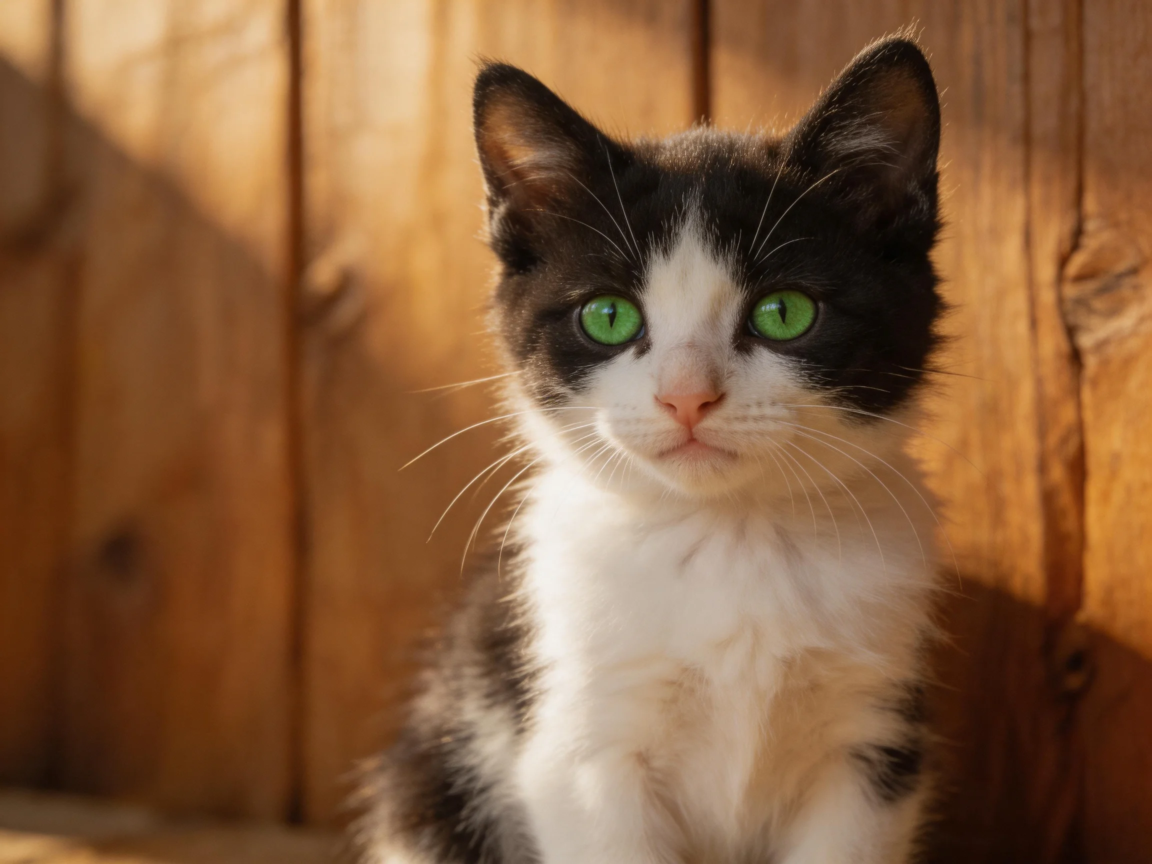 A black-and-white kitten with bright green eyes sits near a wooden wall.