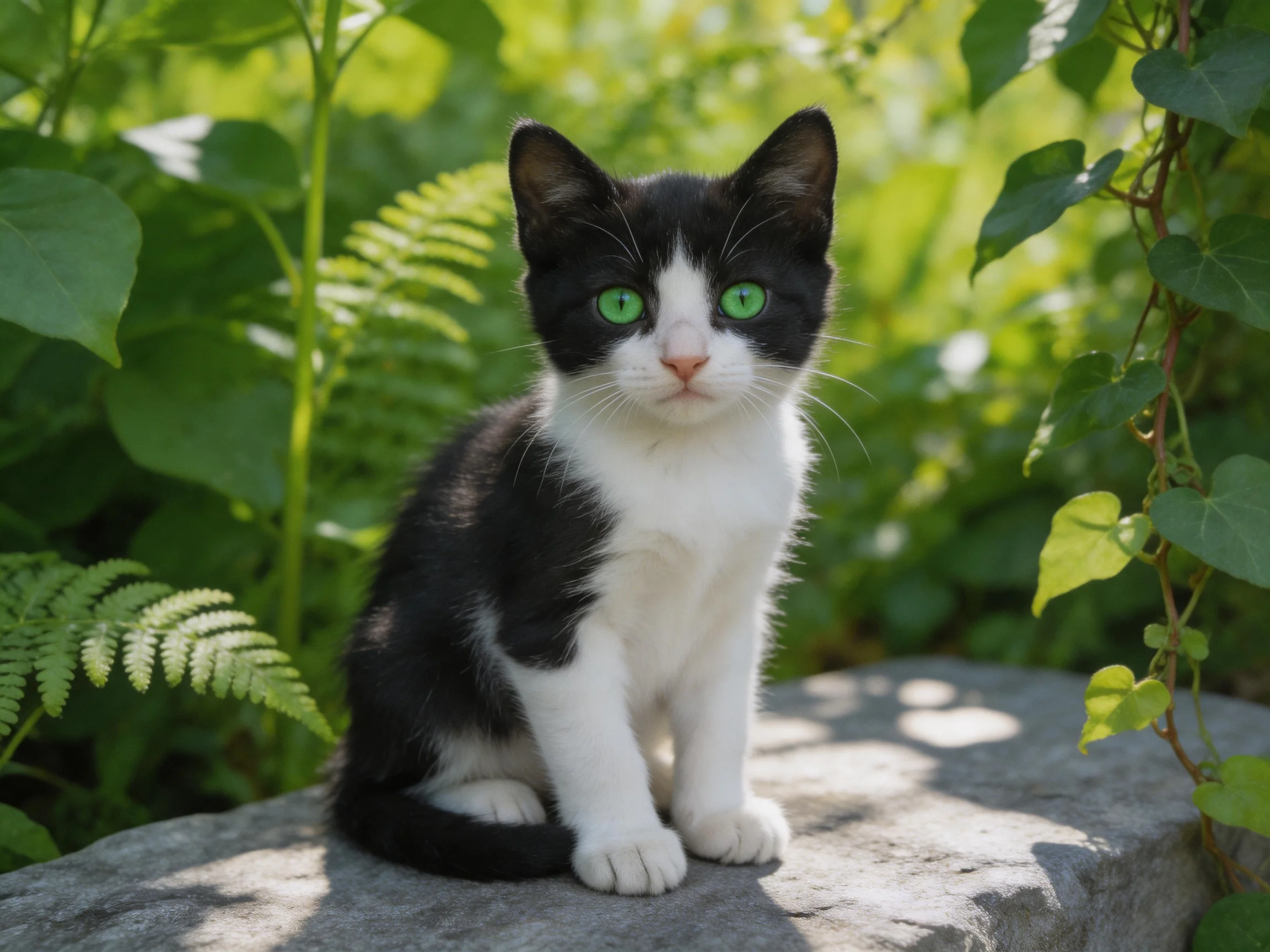 A black-and-white kitten with green eyes sits on a stone in a sunlit garden.