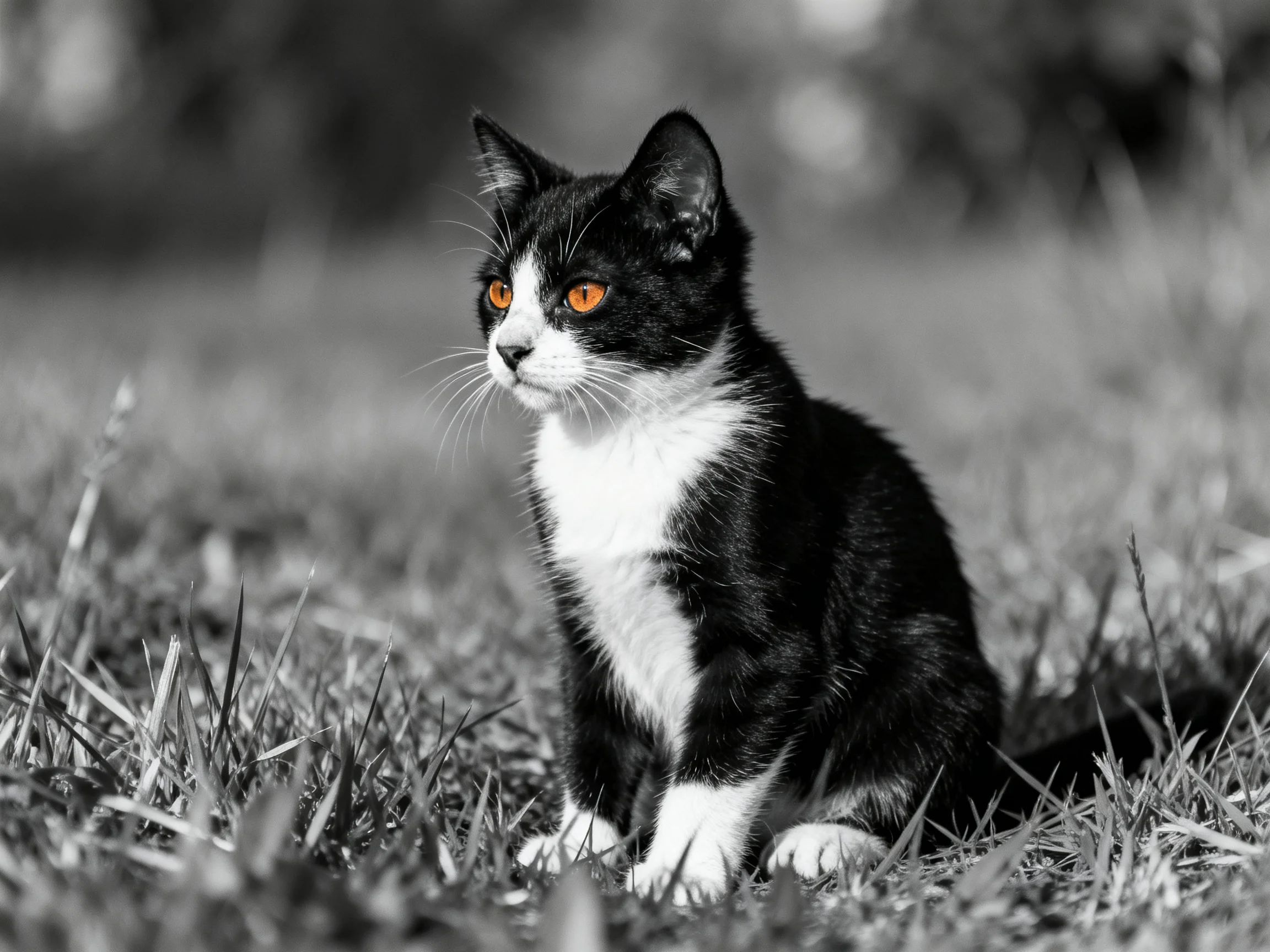 A black-and-white kitten with bright orange eyes sits on grass outdoors