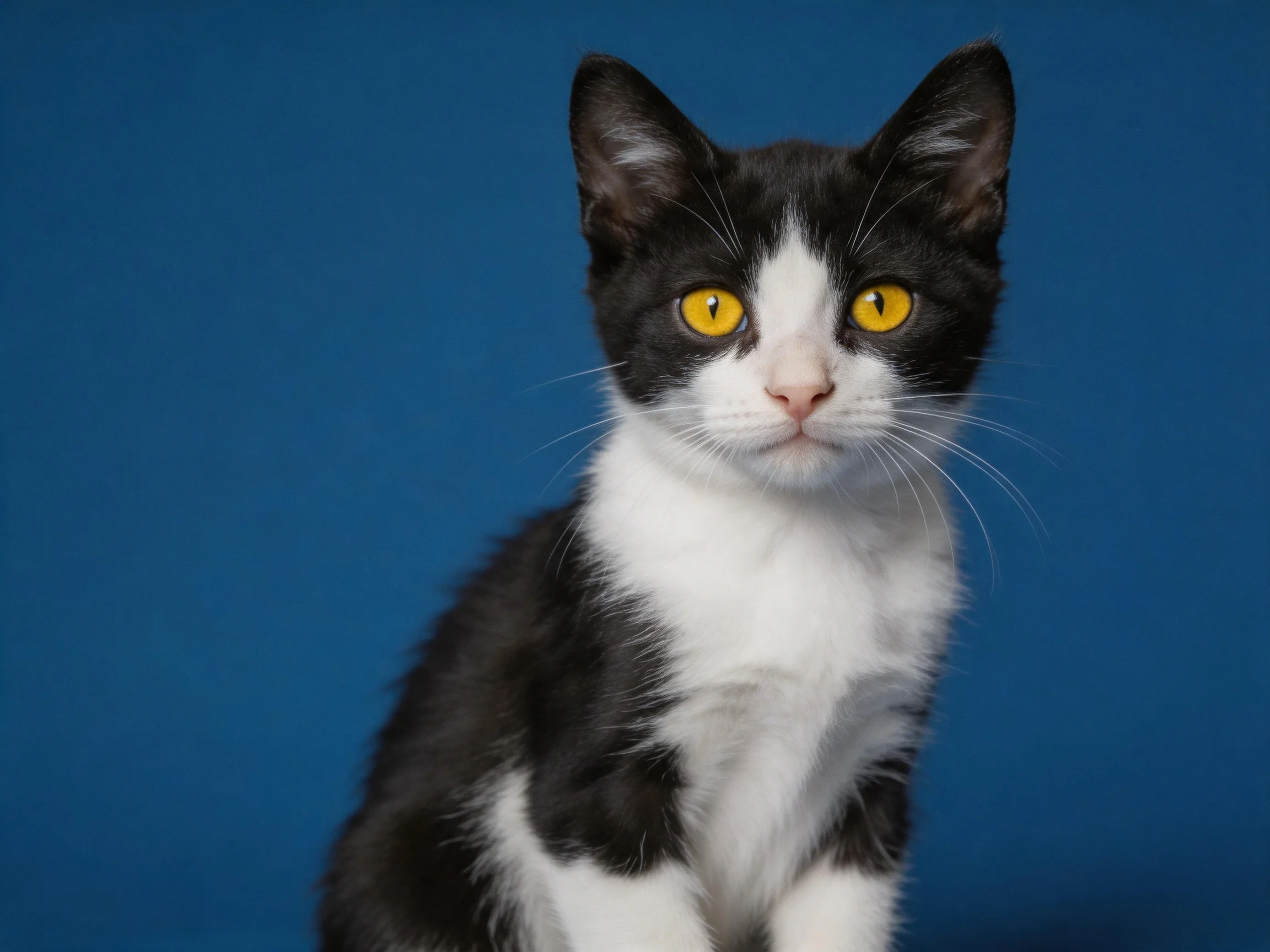 A black-and-white kitten with bright yellow eyes poses against a deep blue background.