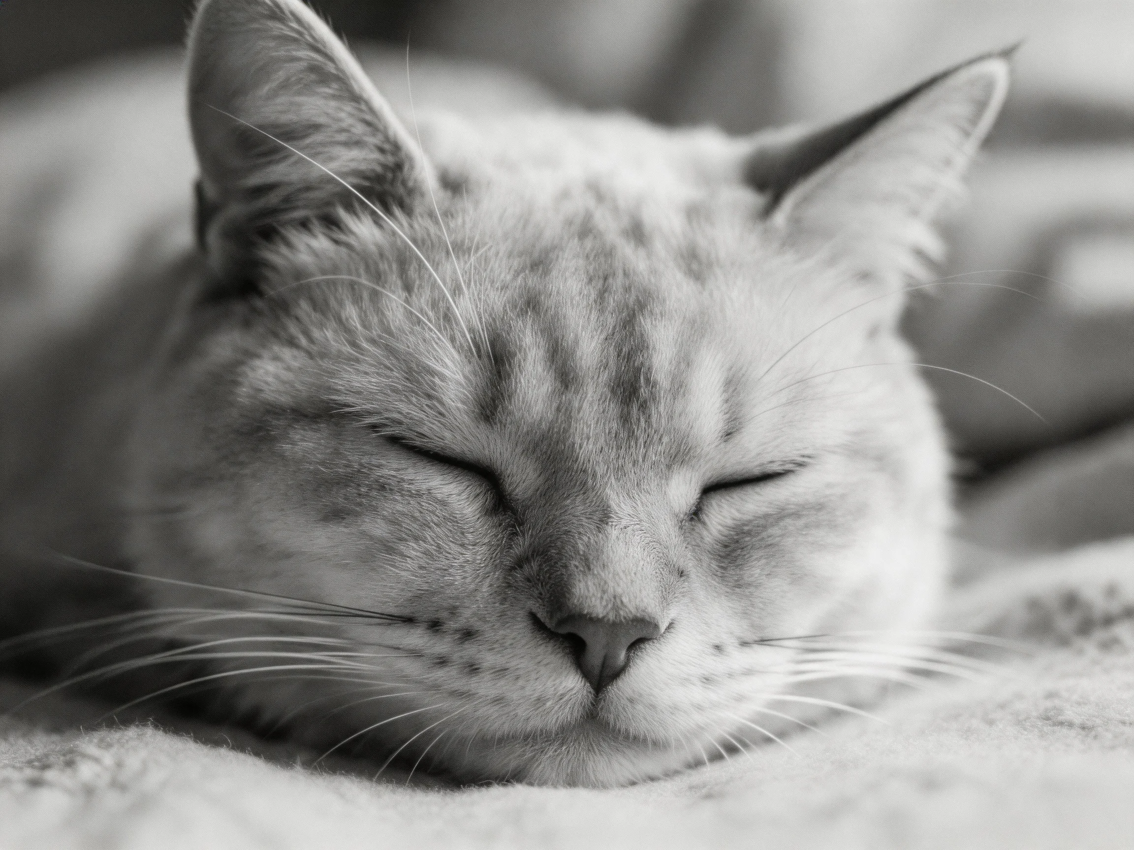 A black-and-white image shows a tabby cat resting peacefully.