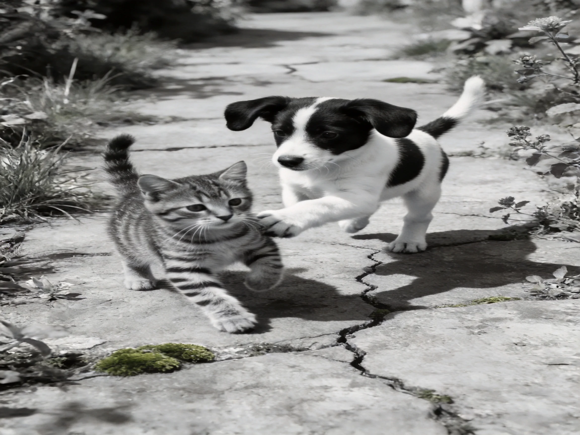 A black-and-white puppy and tabby kitten play on a cracked stone path