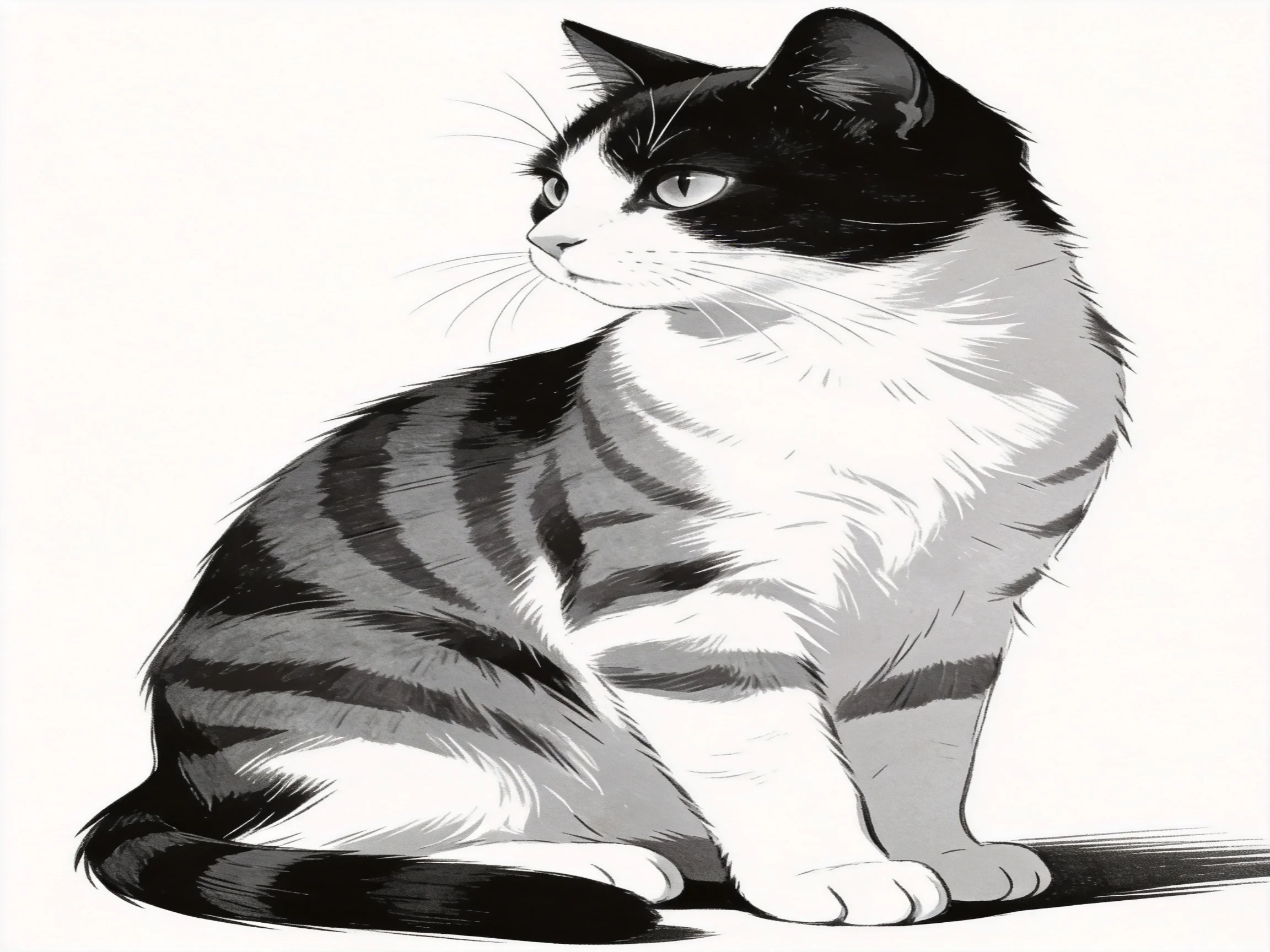A black-and-white tabby cat sits attentively in a plain environment.