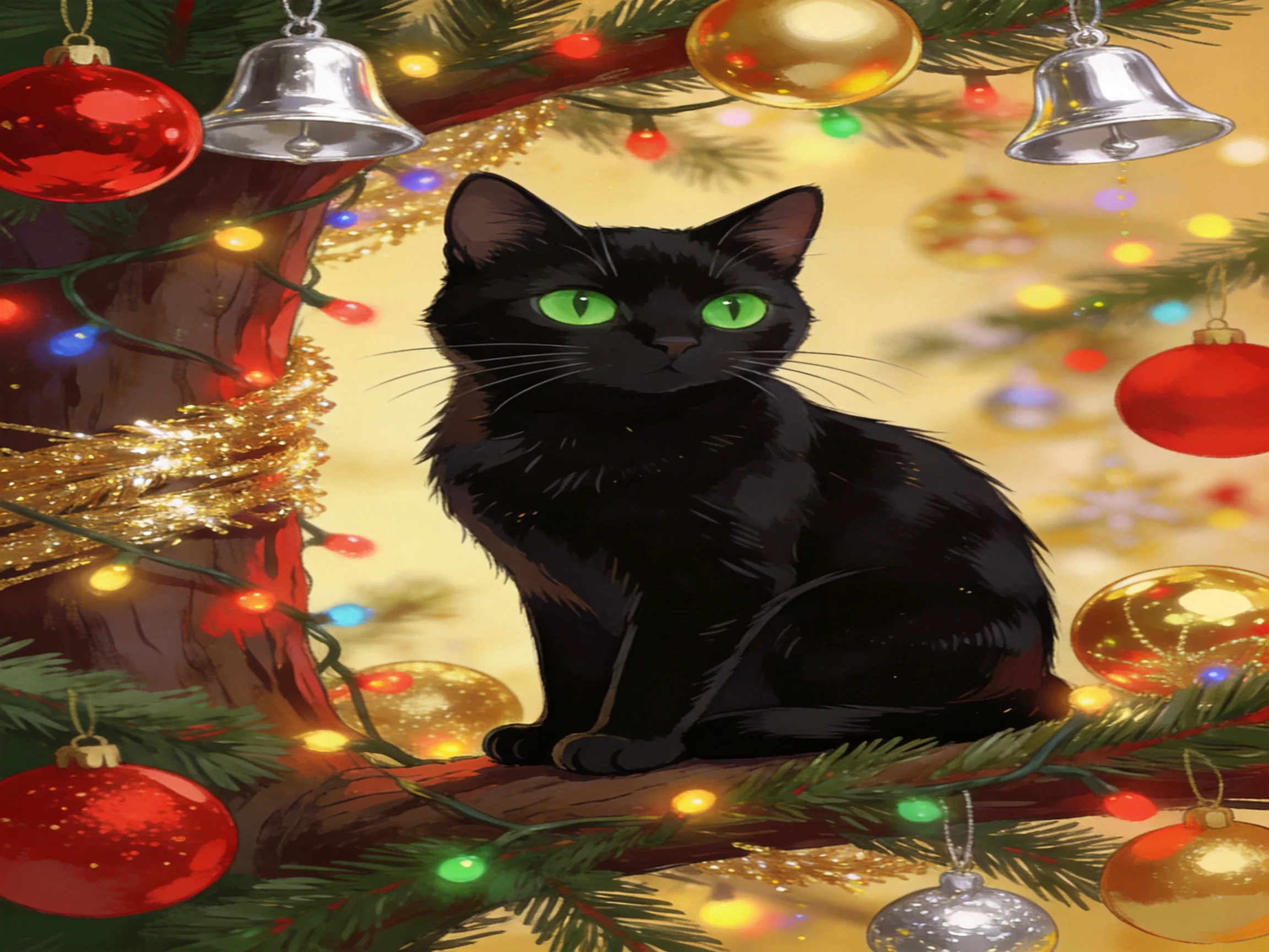 A black cat amid colorful Christmas tree decorations and twinkling lights