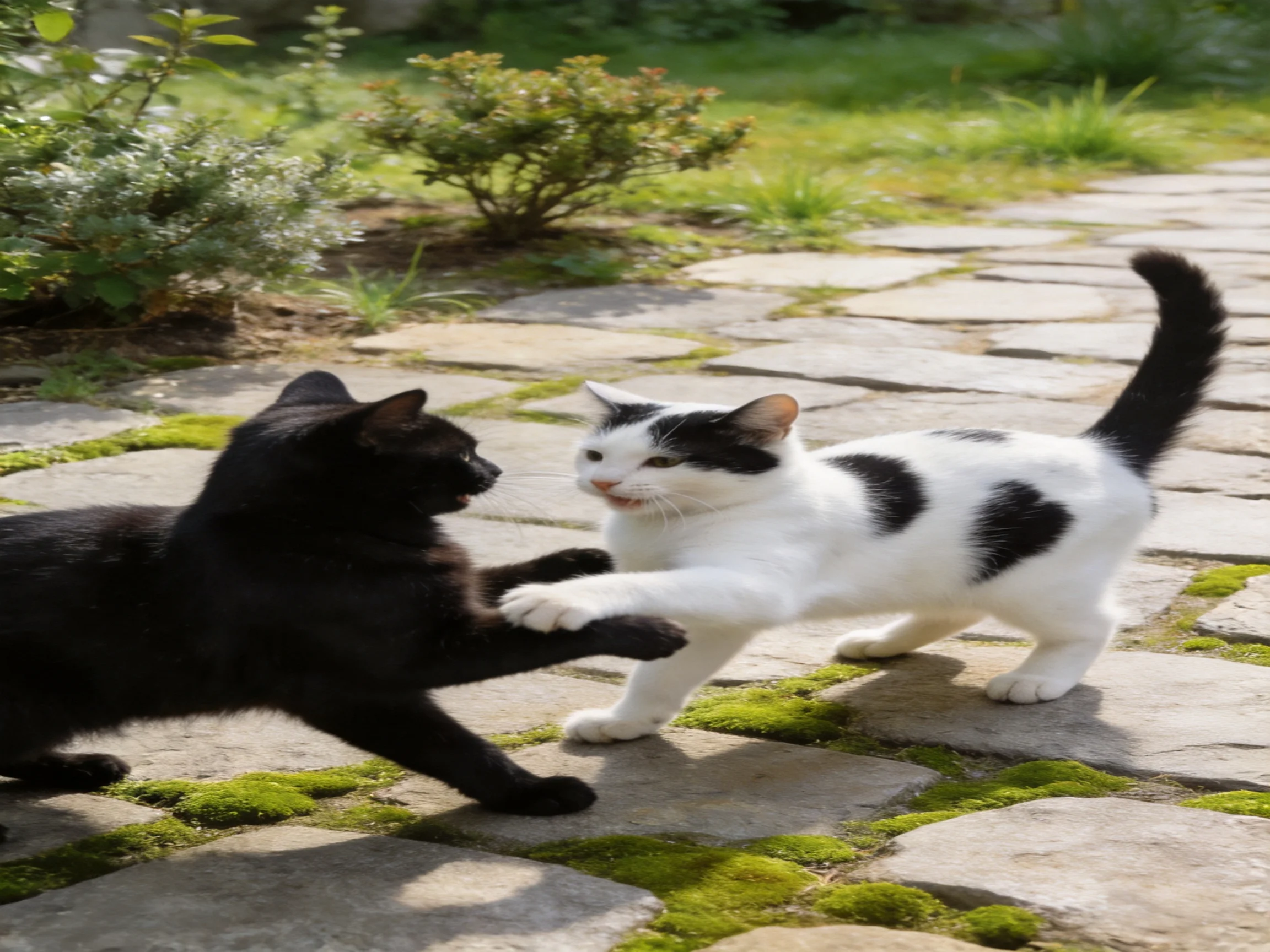 Two cats, one black and one white with black spots, play together a mossy stone path.