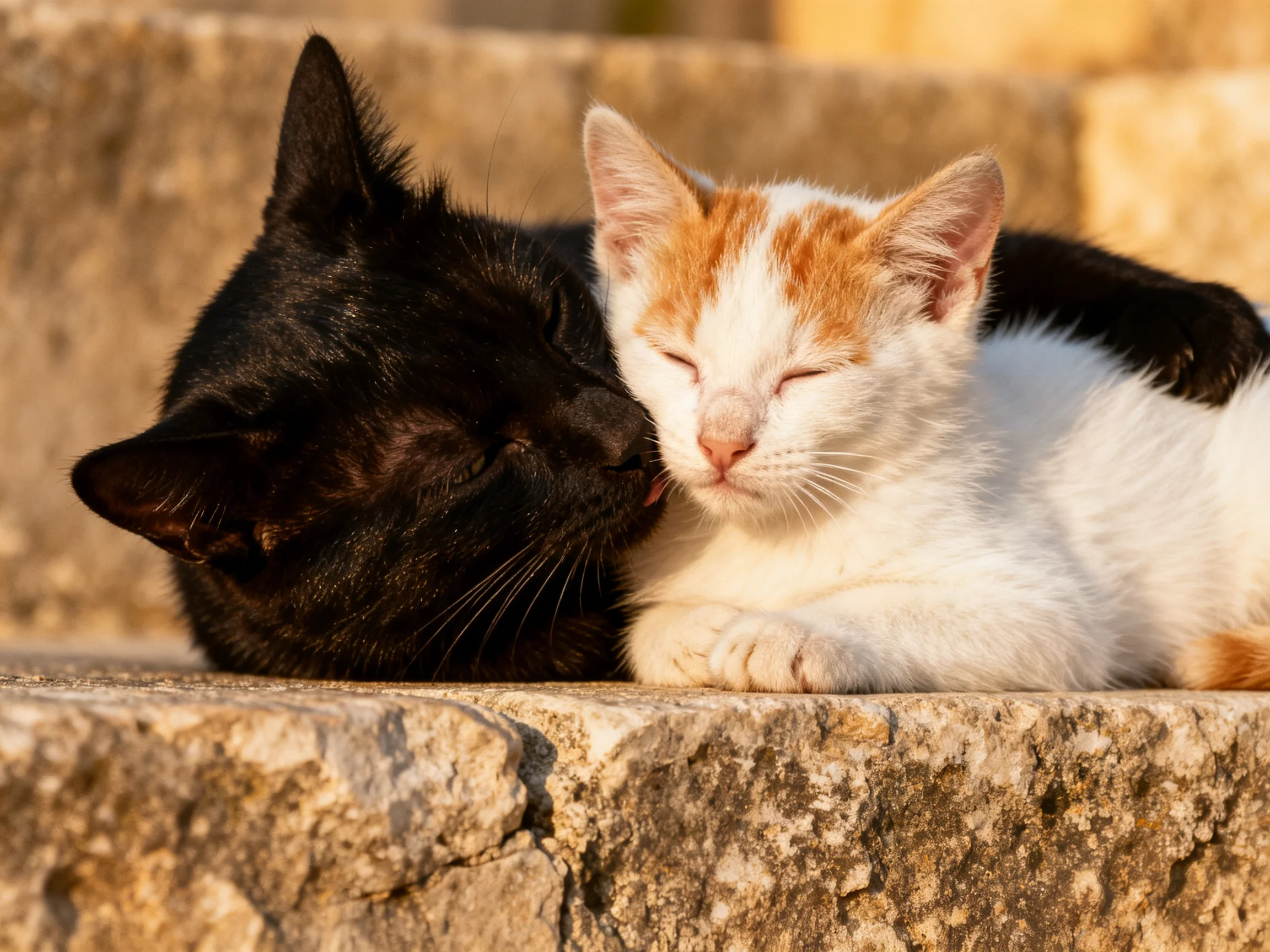 Two cats rest closely together on stone steps.