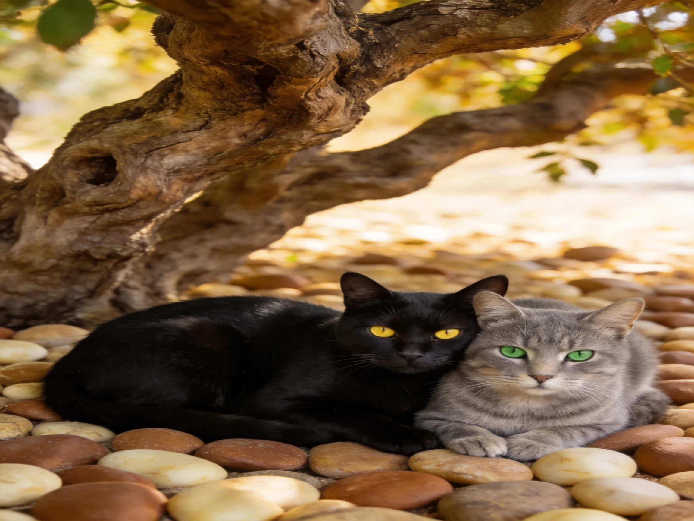A black cat and gray cat rest together on pebbles beside a gnarled tree.