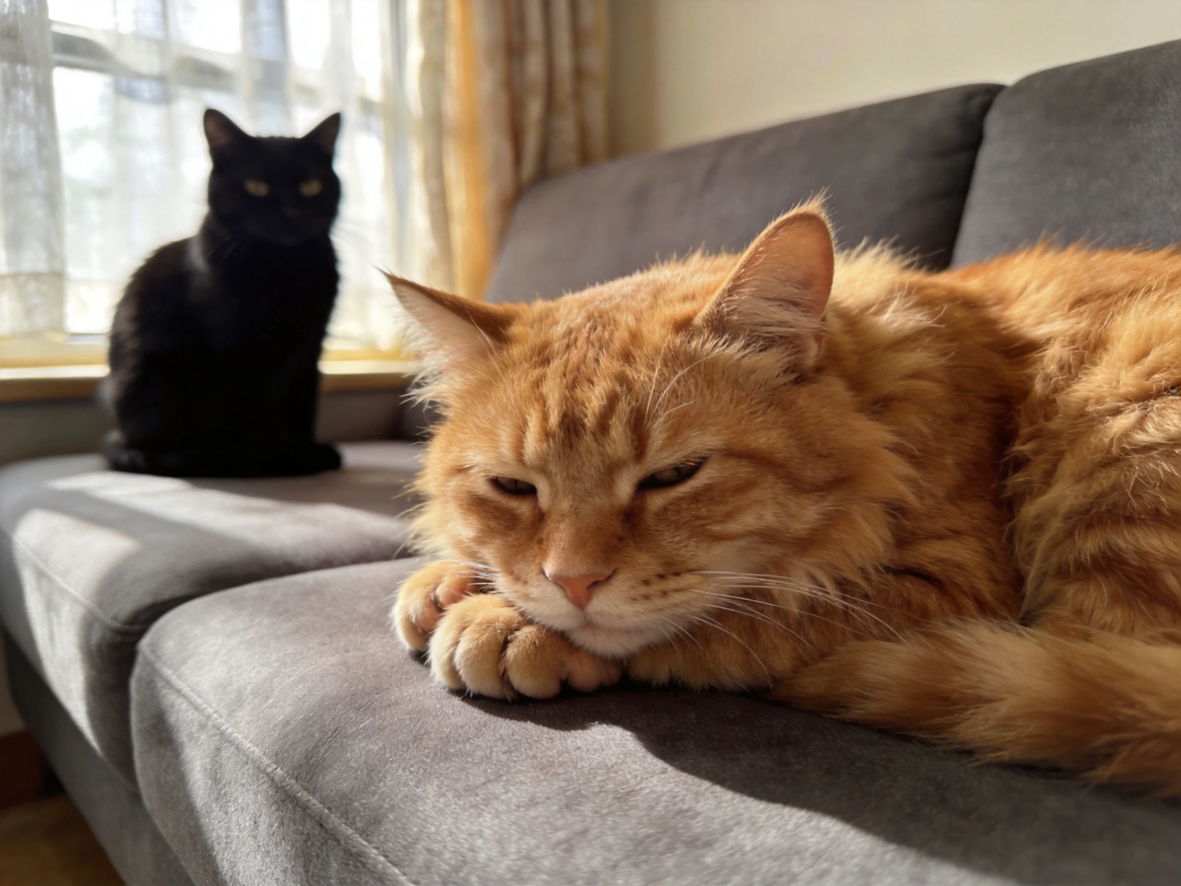 A black cat and orange cat relax on a gray sofa by the window
