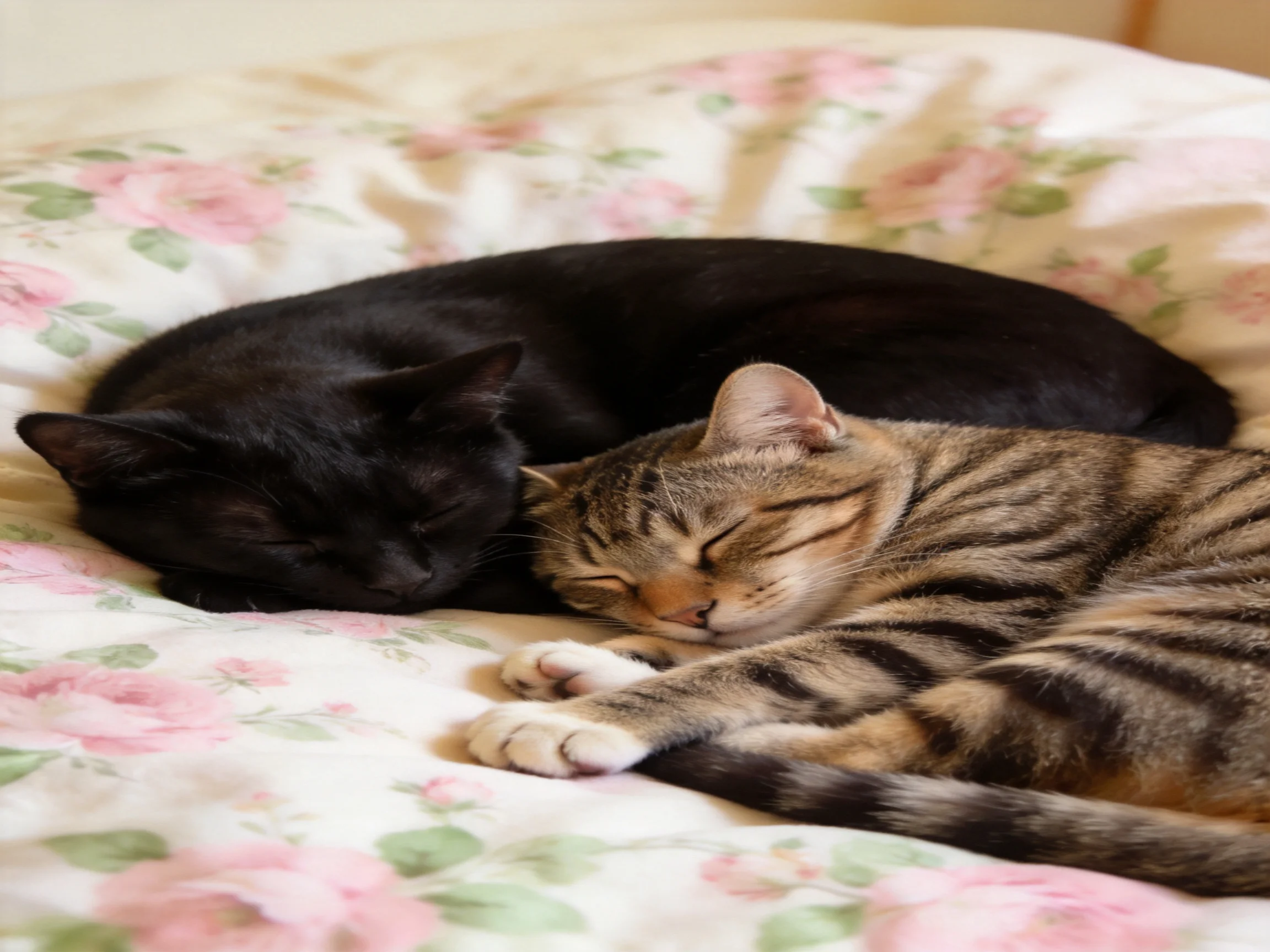 Two cats rest closely together on a pink floral bedspread.