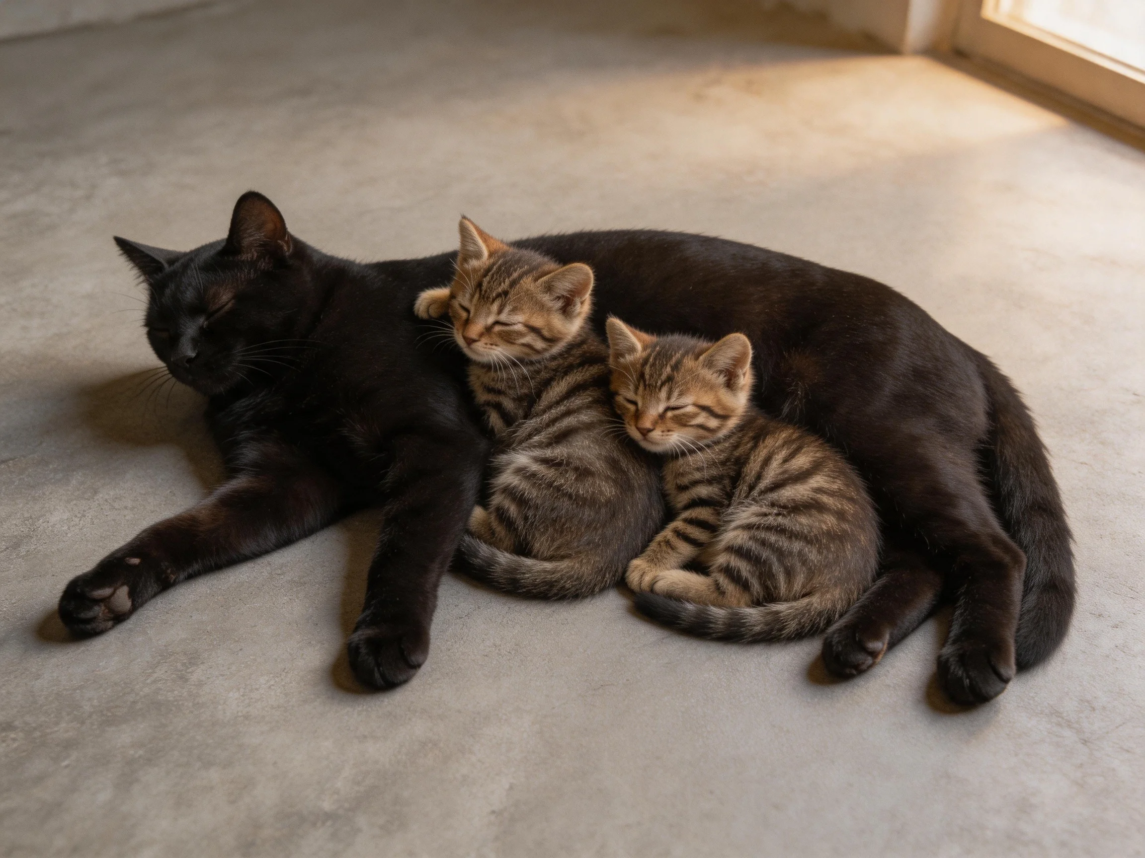 A black cat cuddles with two tabby kittens on a smooth floor