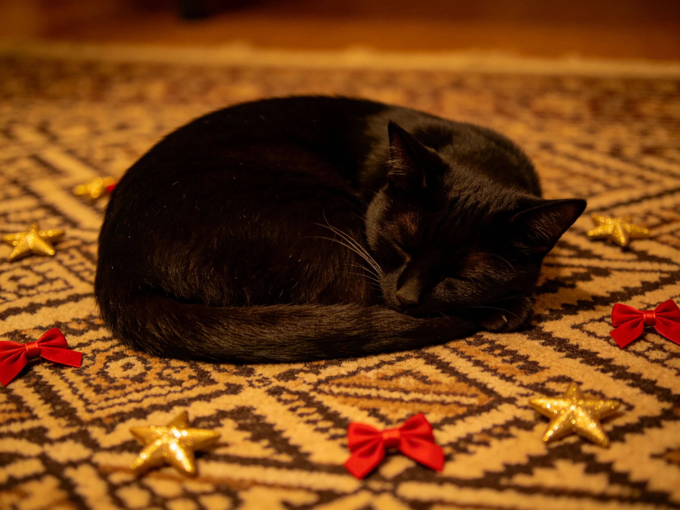 A black cat curls on a patterned rug with gold stars and red bows