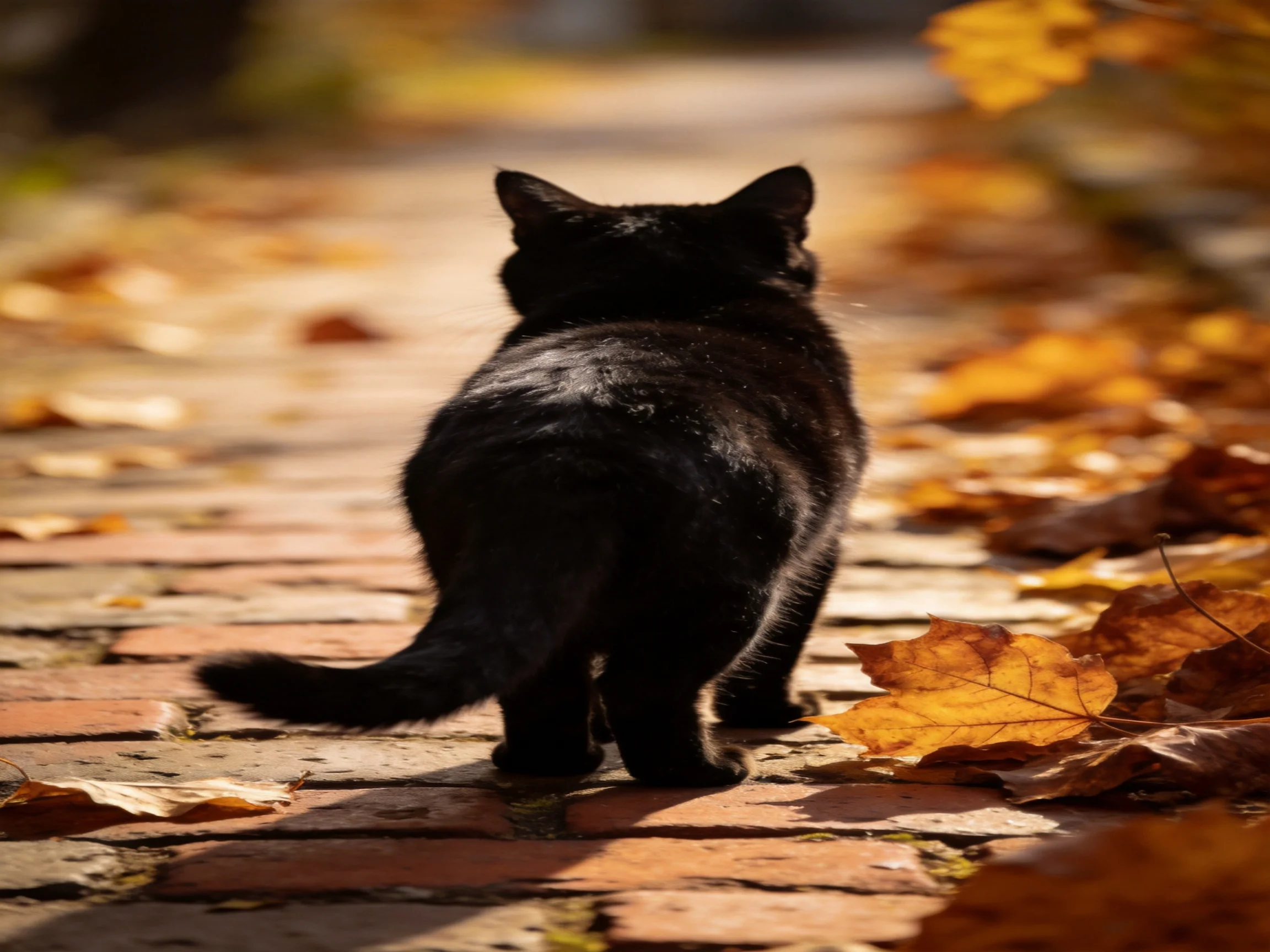 A black cat walks on a brick path with scattered autumn leaves.