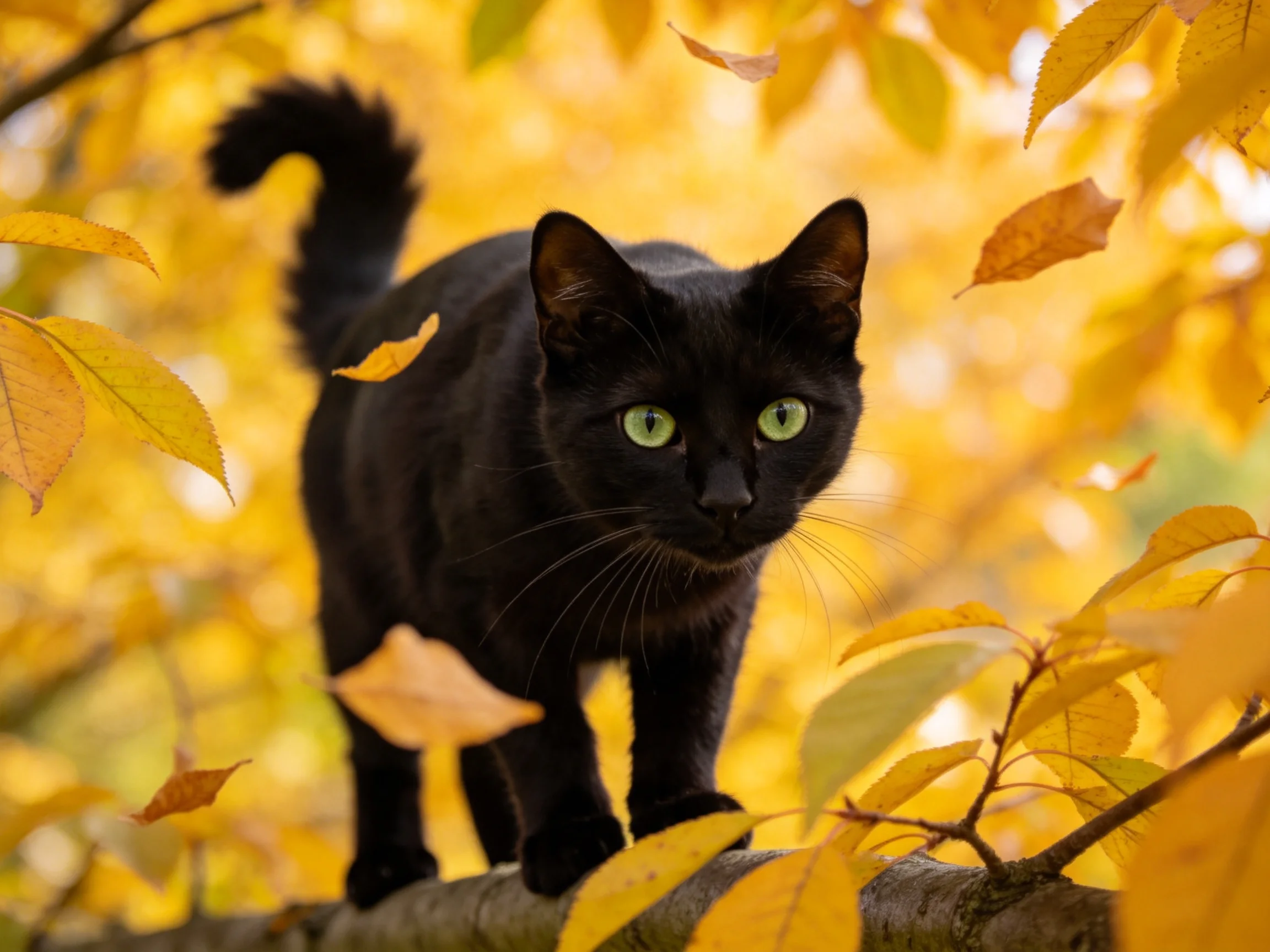 A black cat explores golden autumn foliage on a tree branch