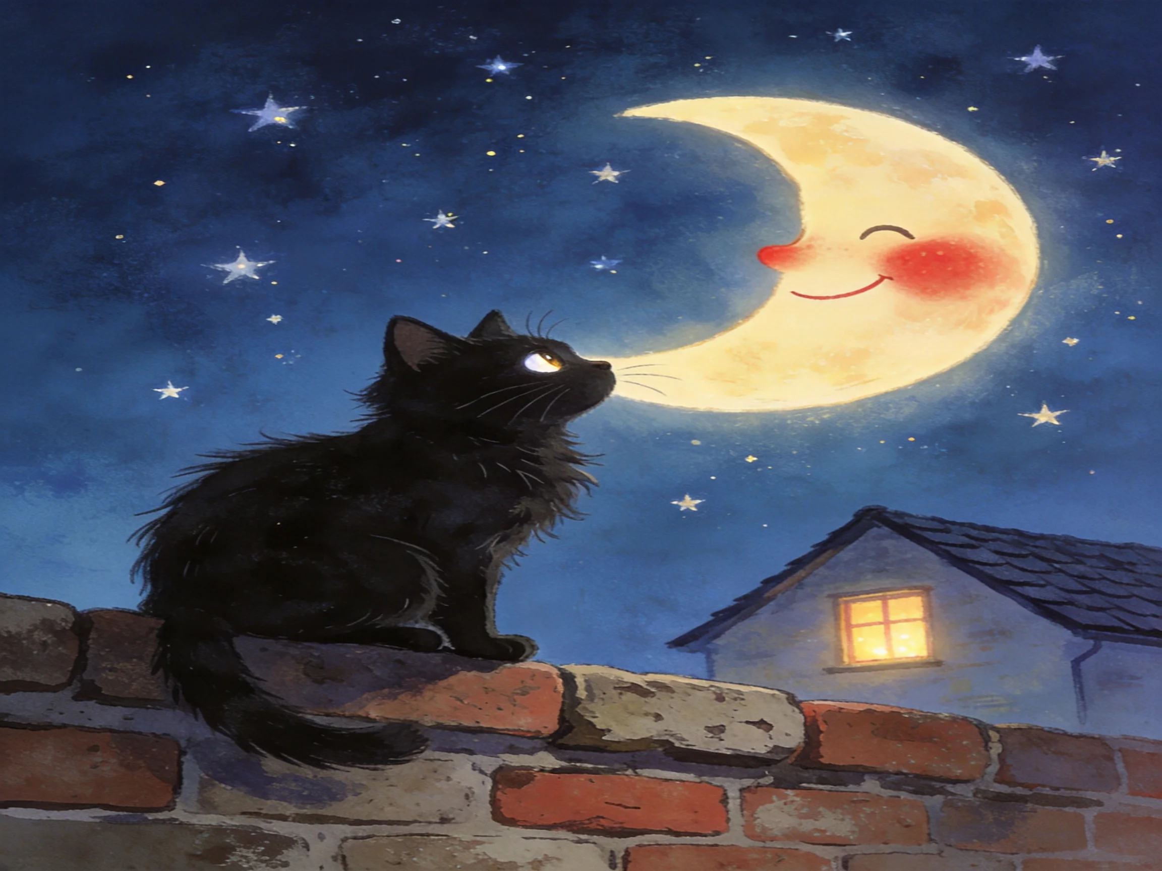 A black cat gazes at a smiling crescent moon over a brick wall
