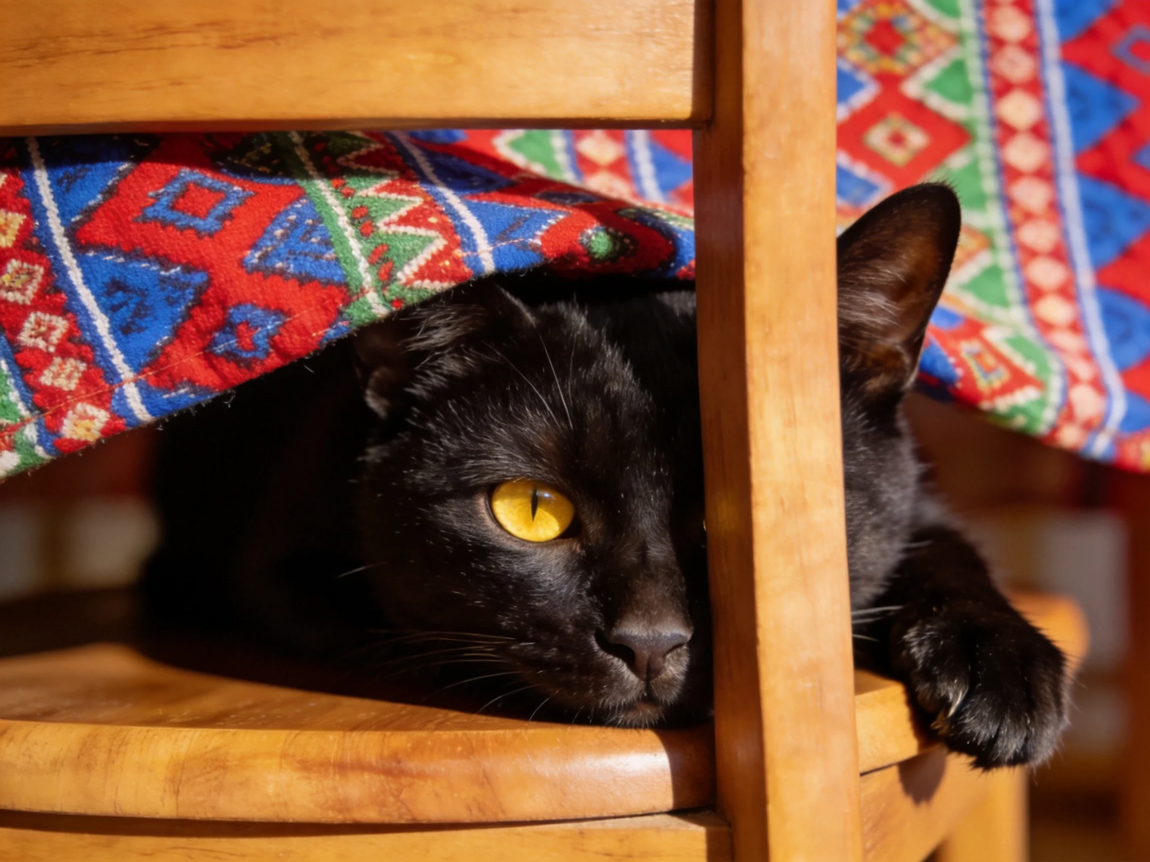 A black cat hides under a colorful patterned cloth on a wooden chair