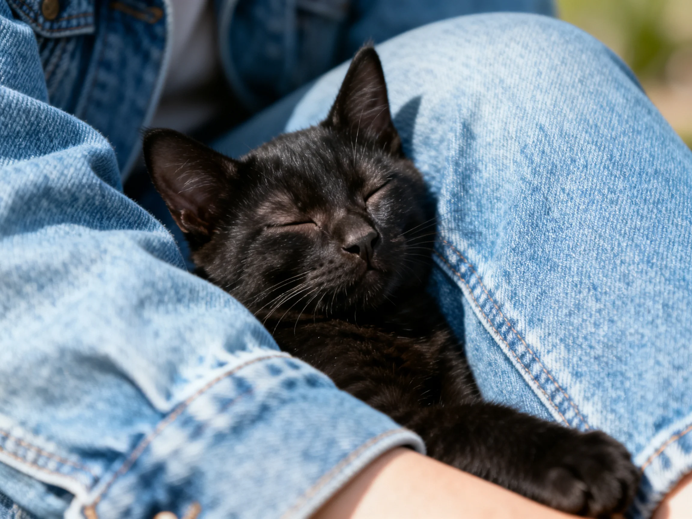 A black cat napping in someones light blue denim jeans