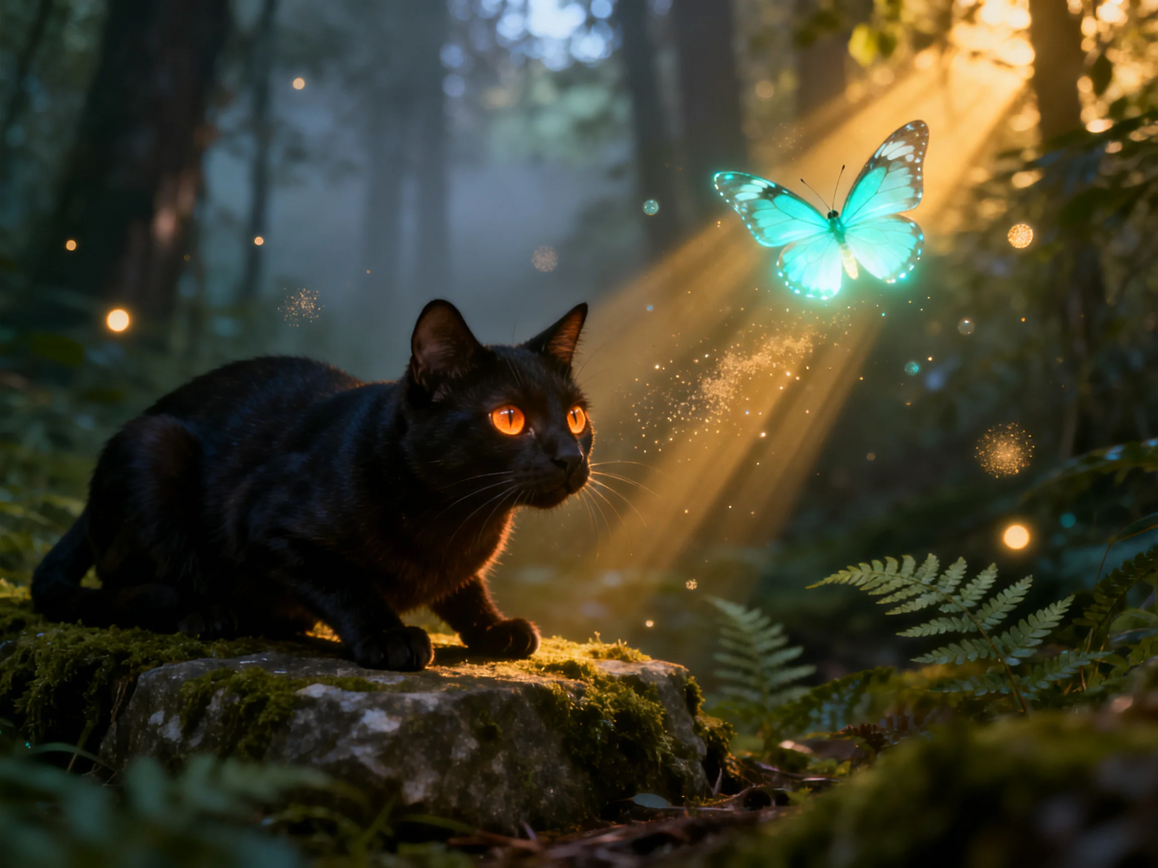 A black cat observes a glowing turquoise butterfly in a sunlit forest clearing