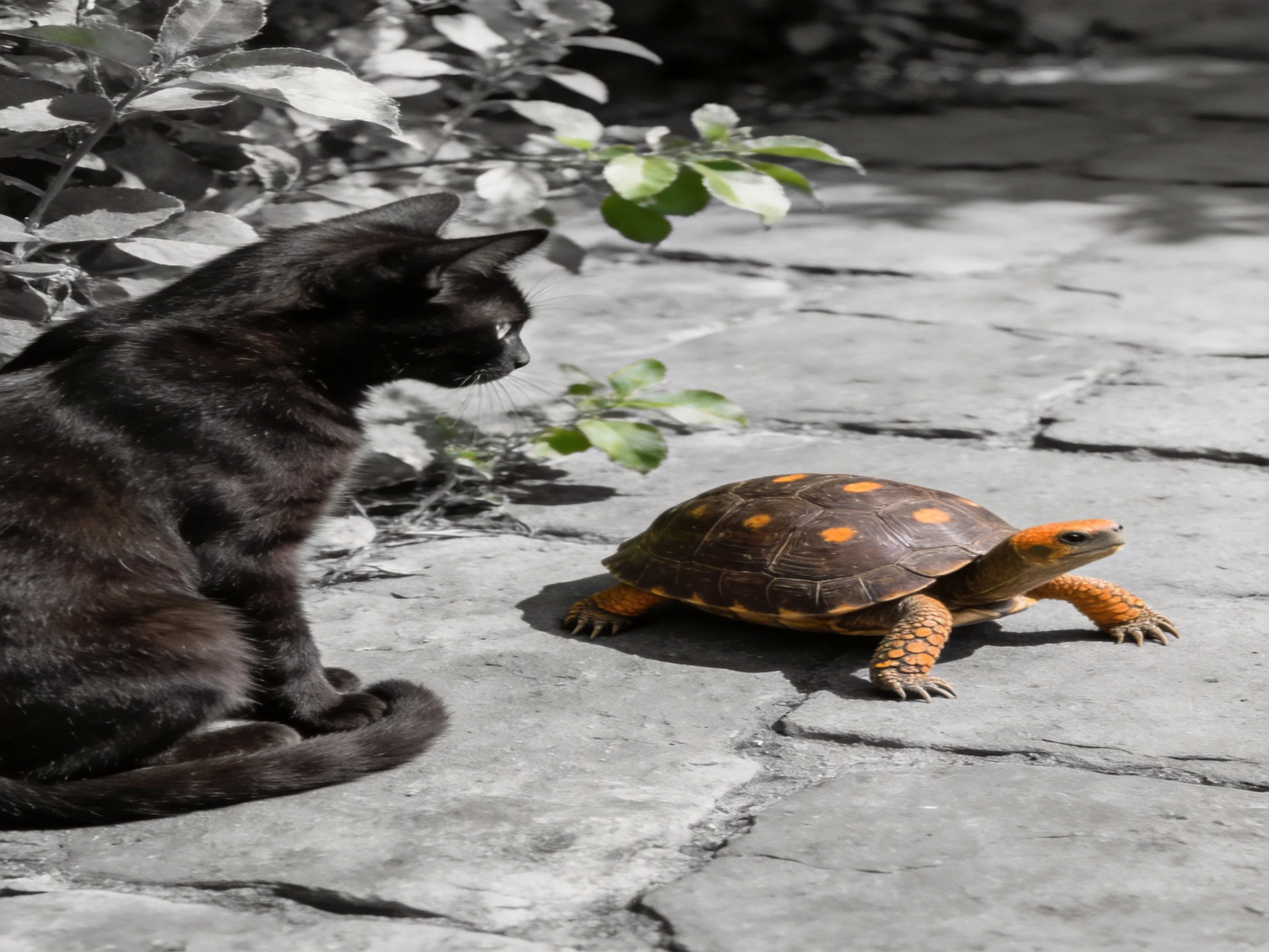 A black cat observes an orange-spotted tortoise on stone pavement