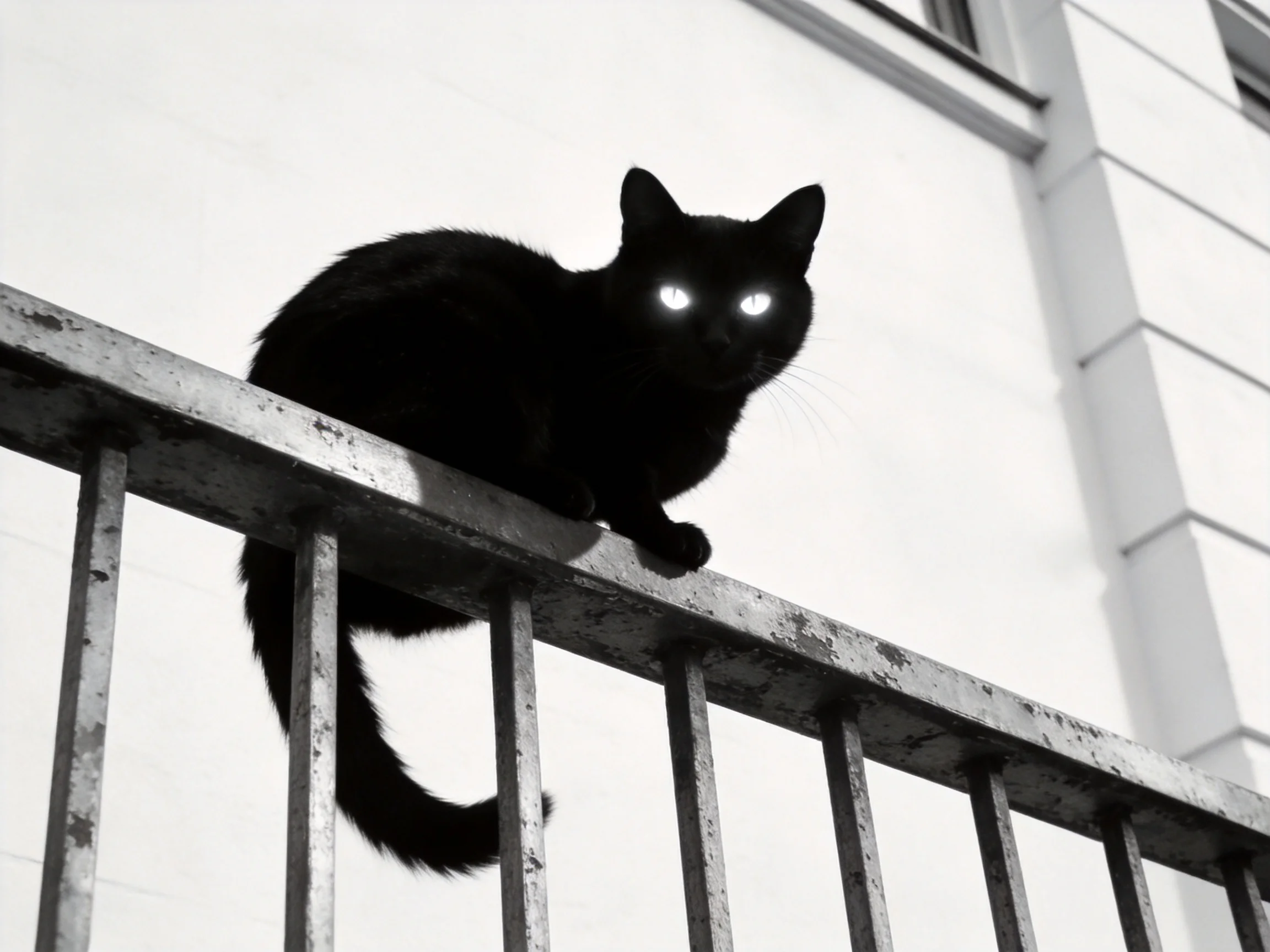 A black cat sits on an old metal railing next to a white building