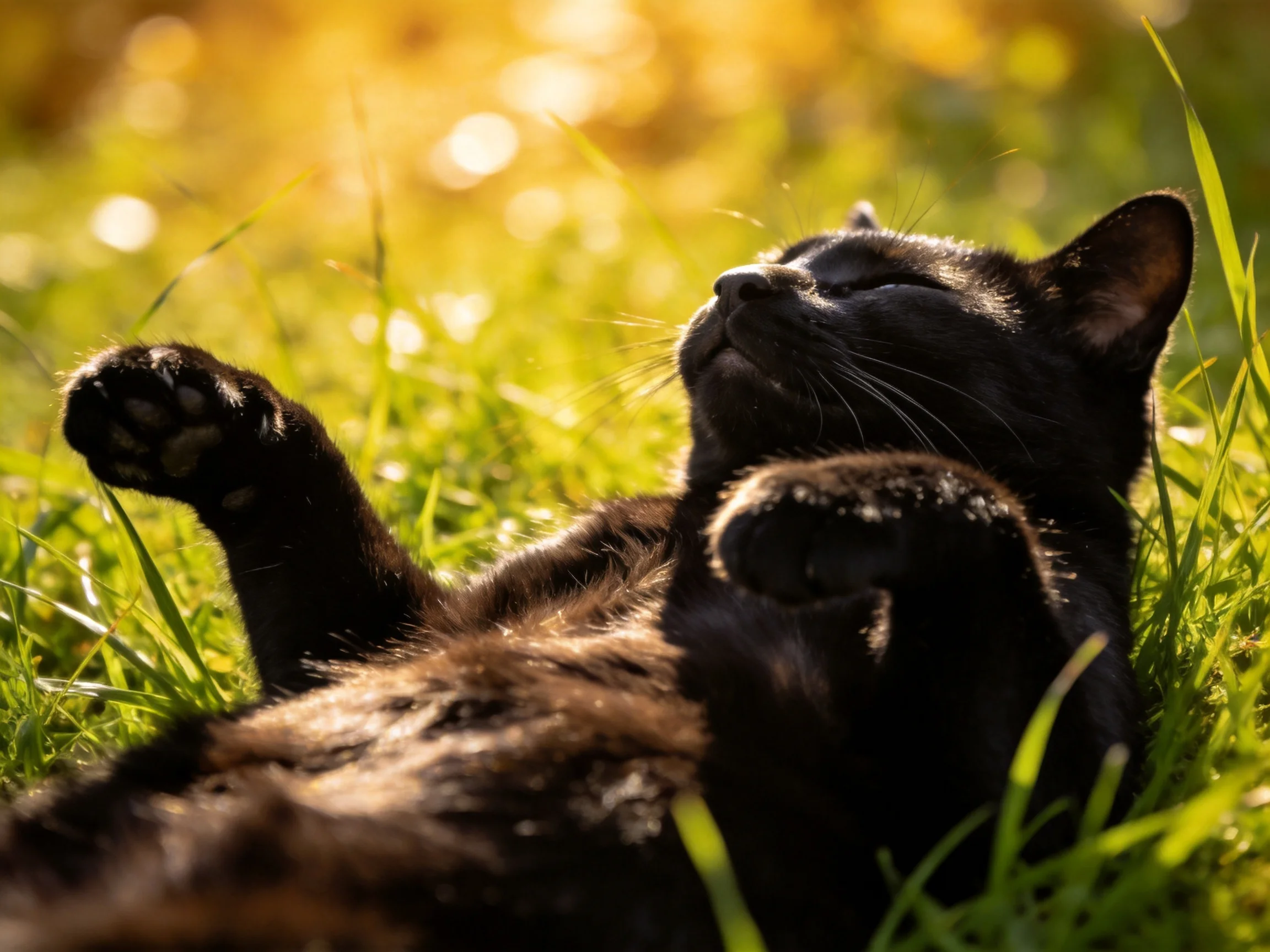 A black cat relaxes peacefully in sunlit grass.