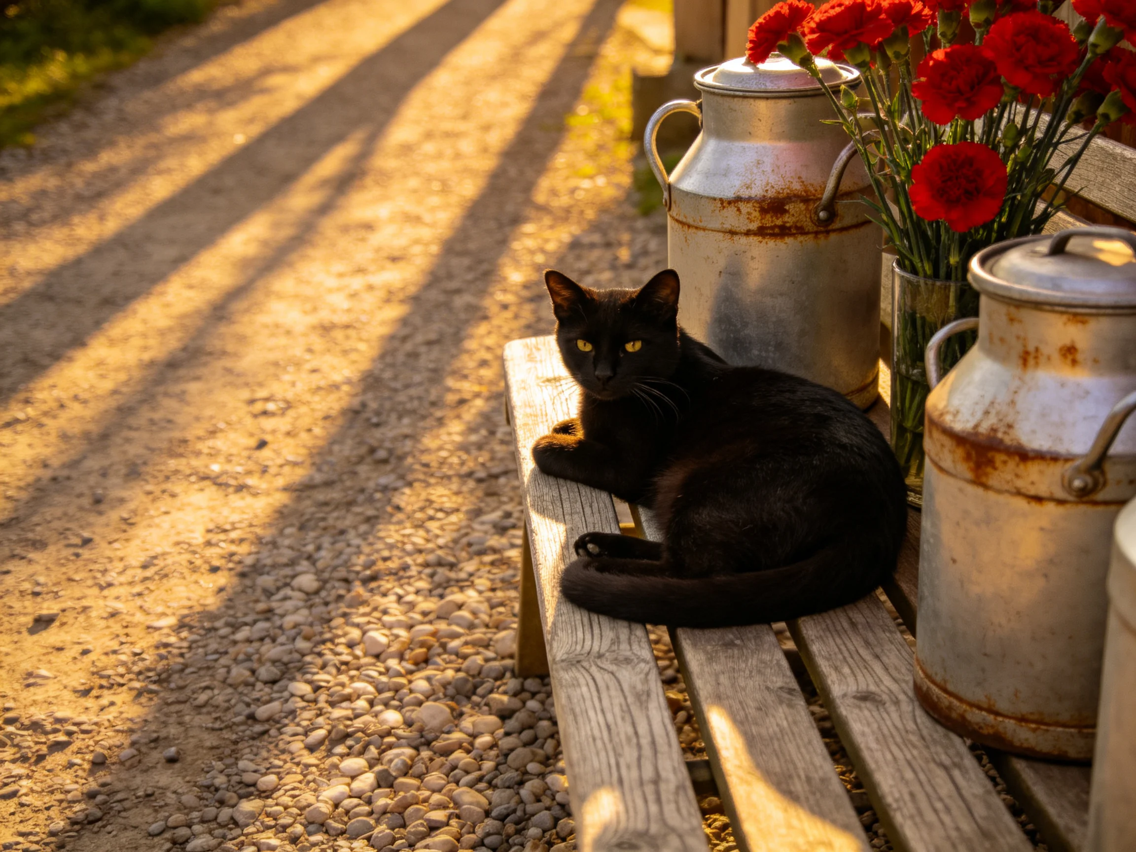 A black cat rests on a wooden bench near rusted milk cans and vibrant red flowers