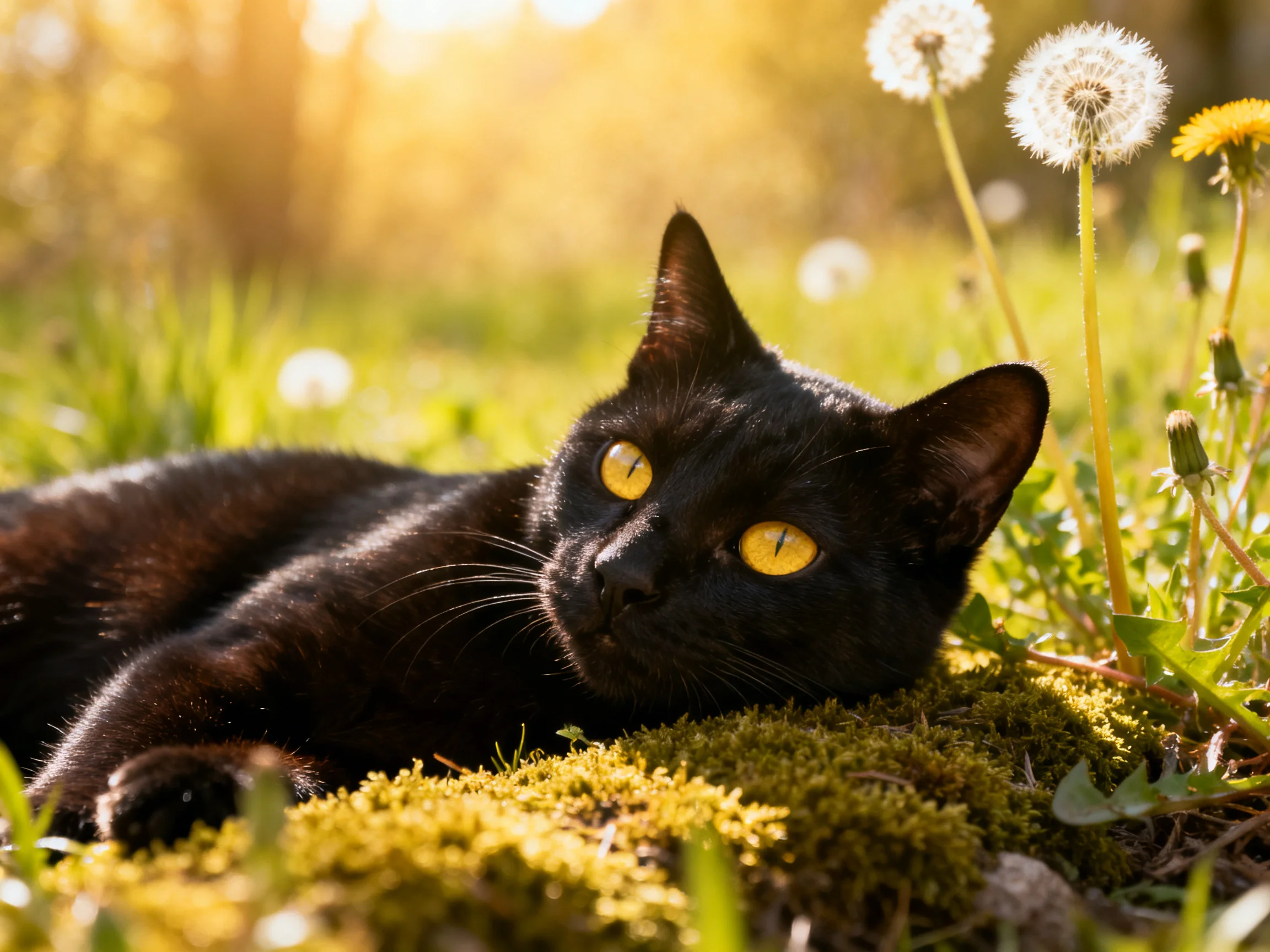 A black cat relaxes on moss surrounded by dandelions in sunlight.