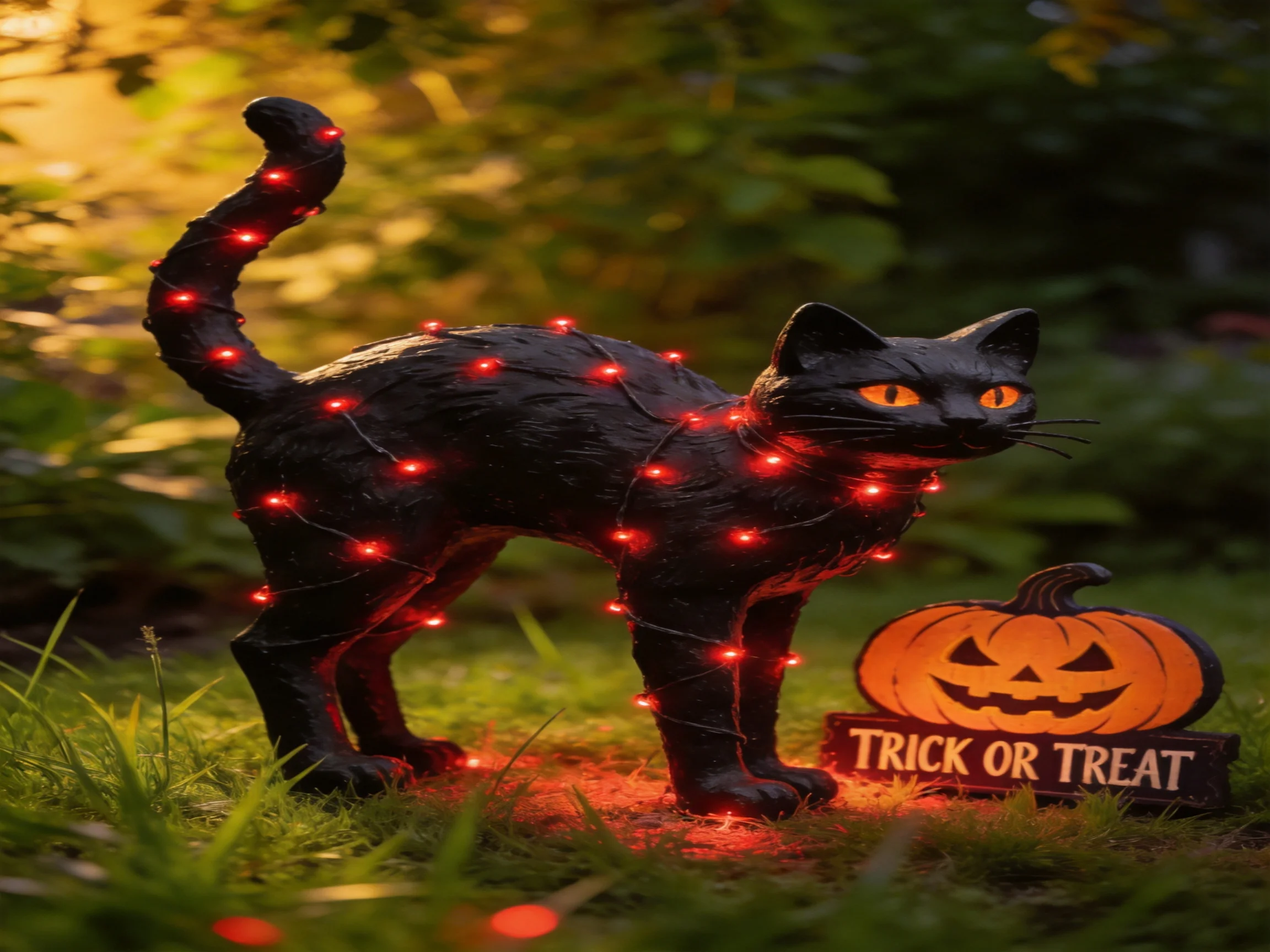 A black cat sculpture wrapped in red lights beside a jack - o’ - lantern sign