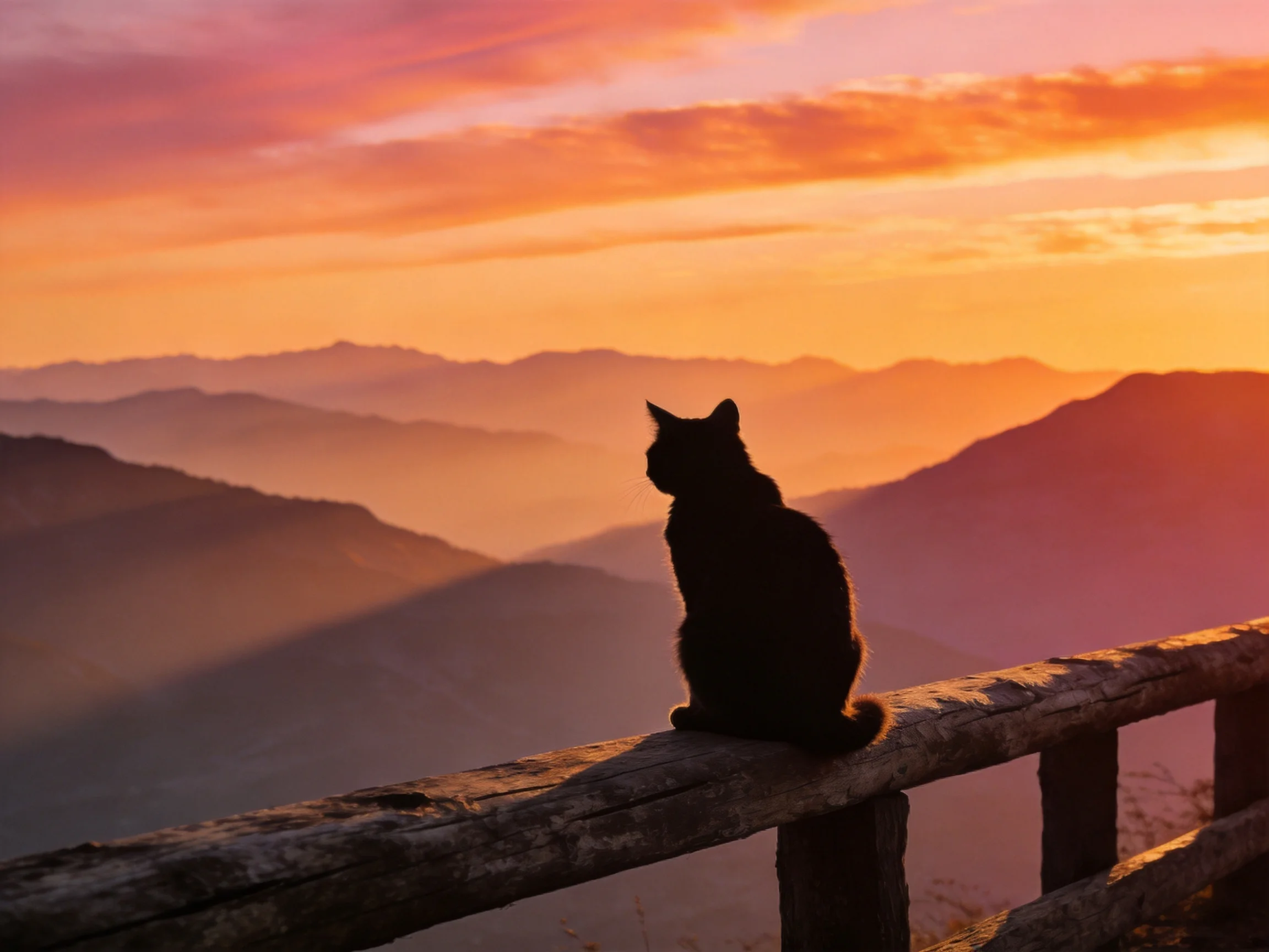 A black cat silhouetted on a wooden railing overlooking layered mountains at sunset