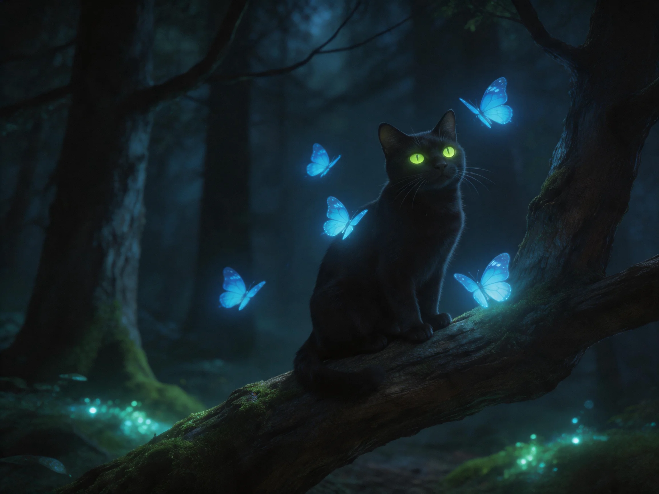 A black cat is surrounded by glowing blue butterflies in a dimly lit forest.