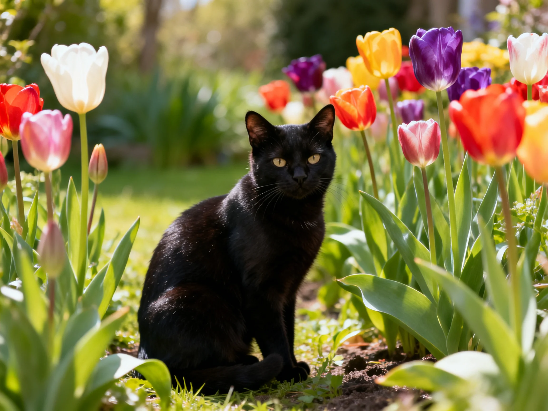 A black cat rests in a garden filled with diverse colored tulip flowers.