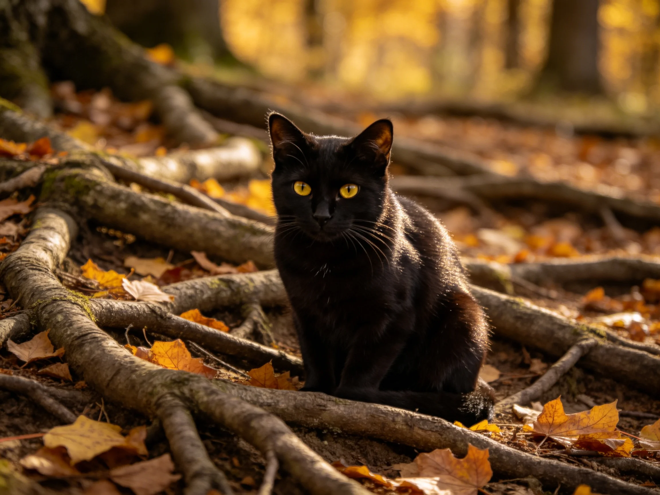 A black cat sits among tangled tree roots and autumn foliage