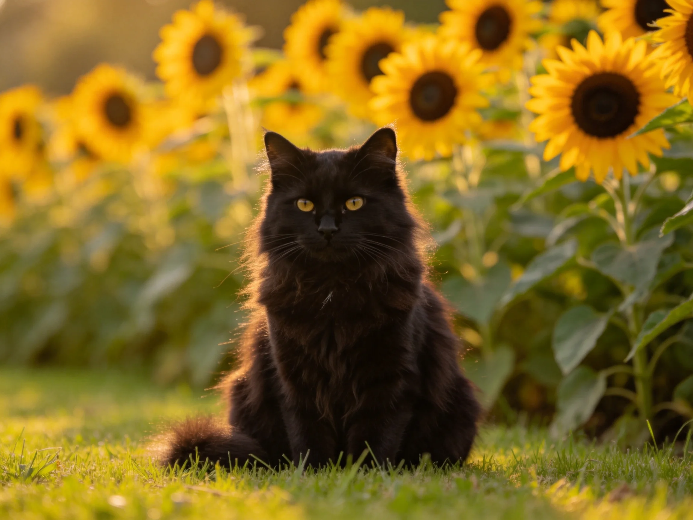 A black cat sits near sunflowers in a sunlit outdoor setting.