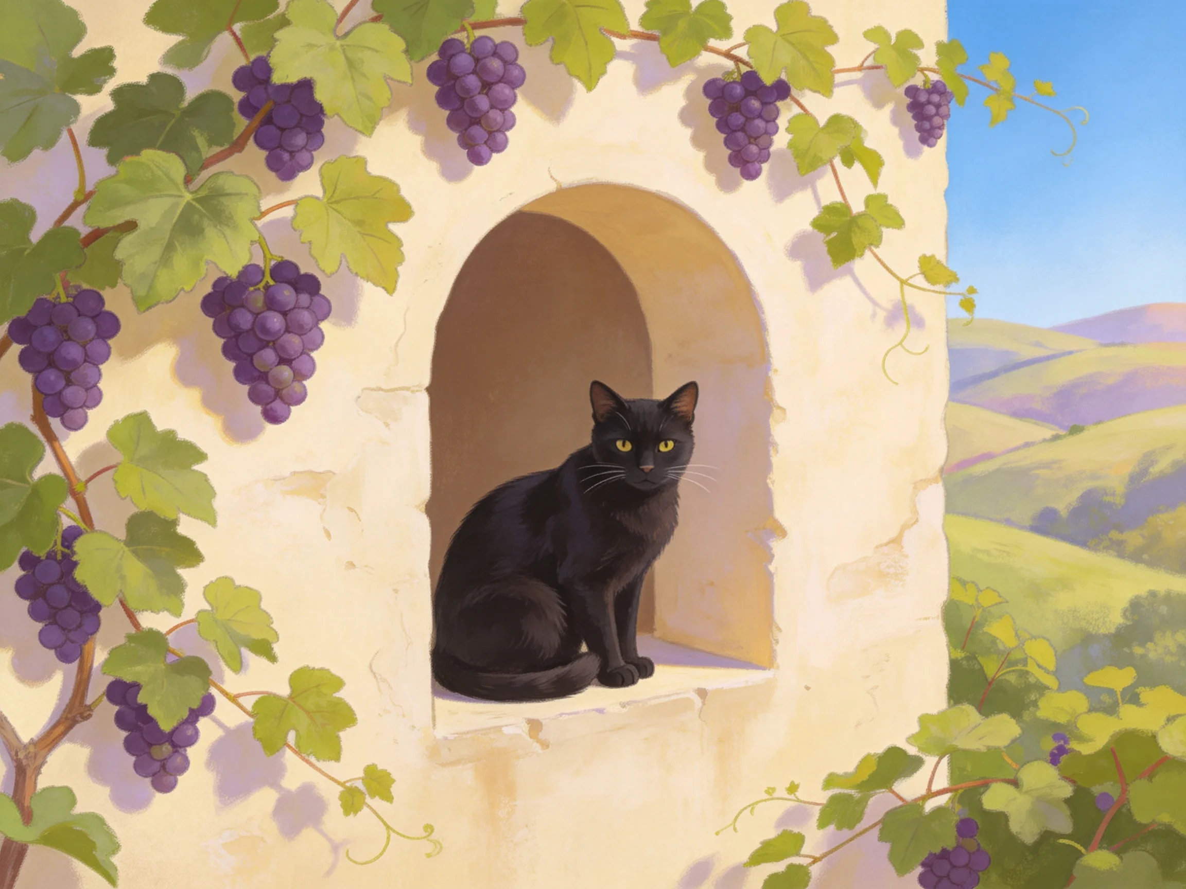 A black cat rests in an arched stone window amid purple grape vines.