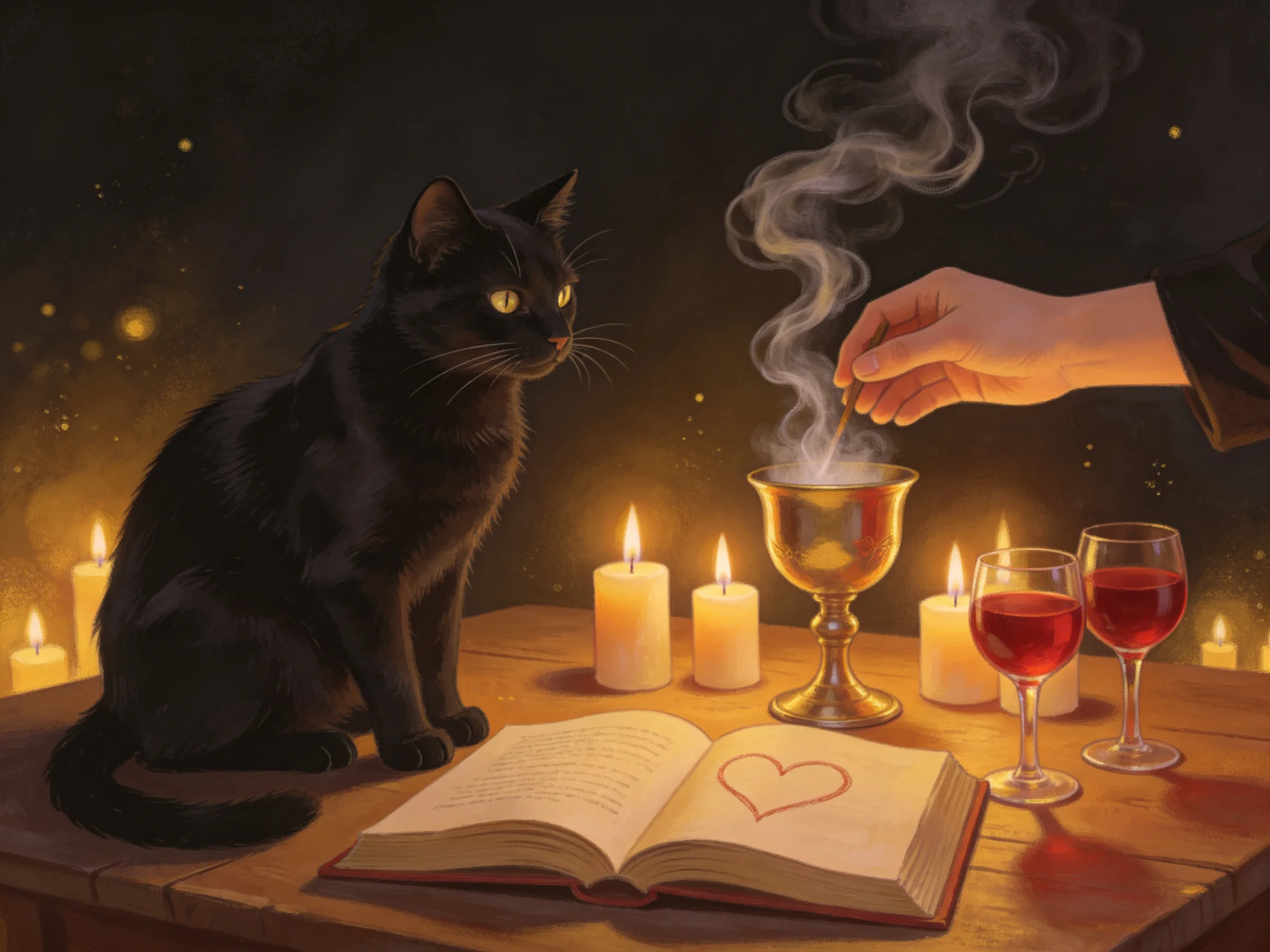 A black cat sits near lit candles, a golden chalice, and two wine glasses beside an open book