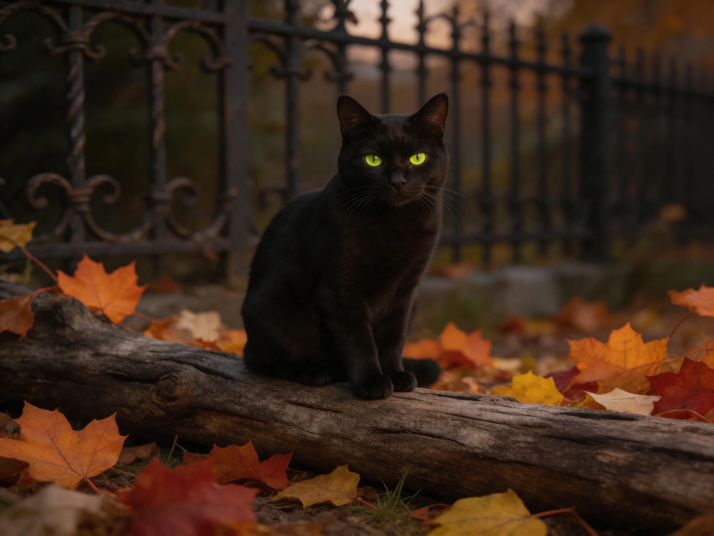 A black cat sits on a log amid autumn leaves near an iron fence