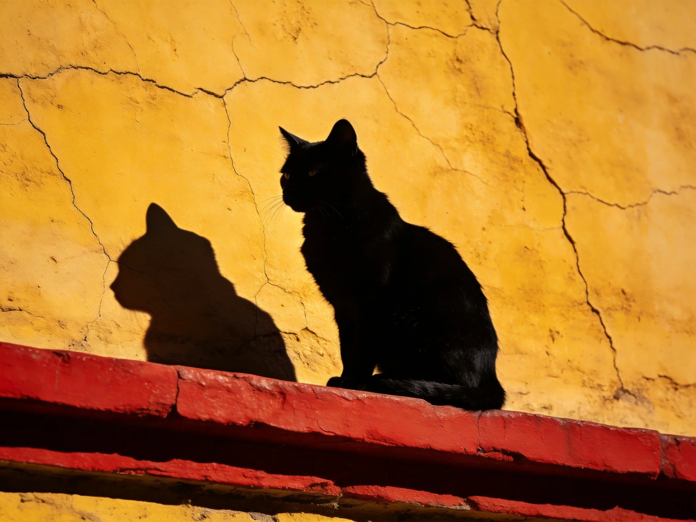 A black cat sits on a red ledge beside a cracked yellow wall