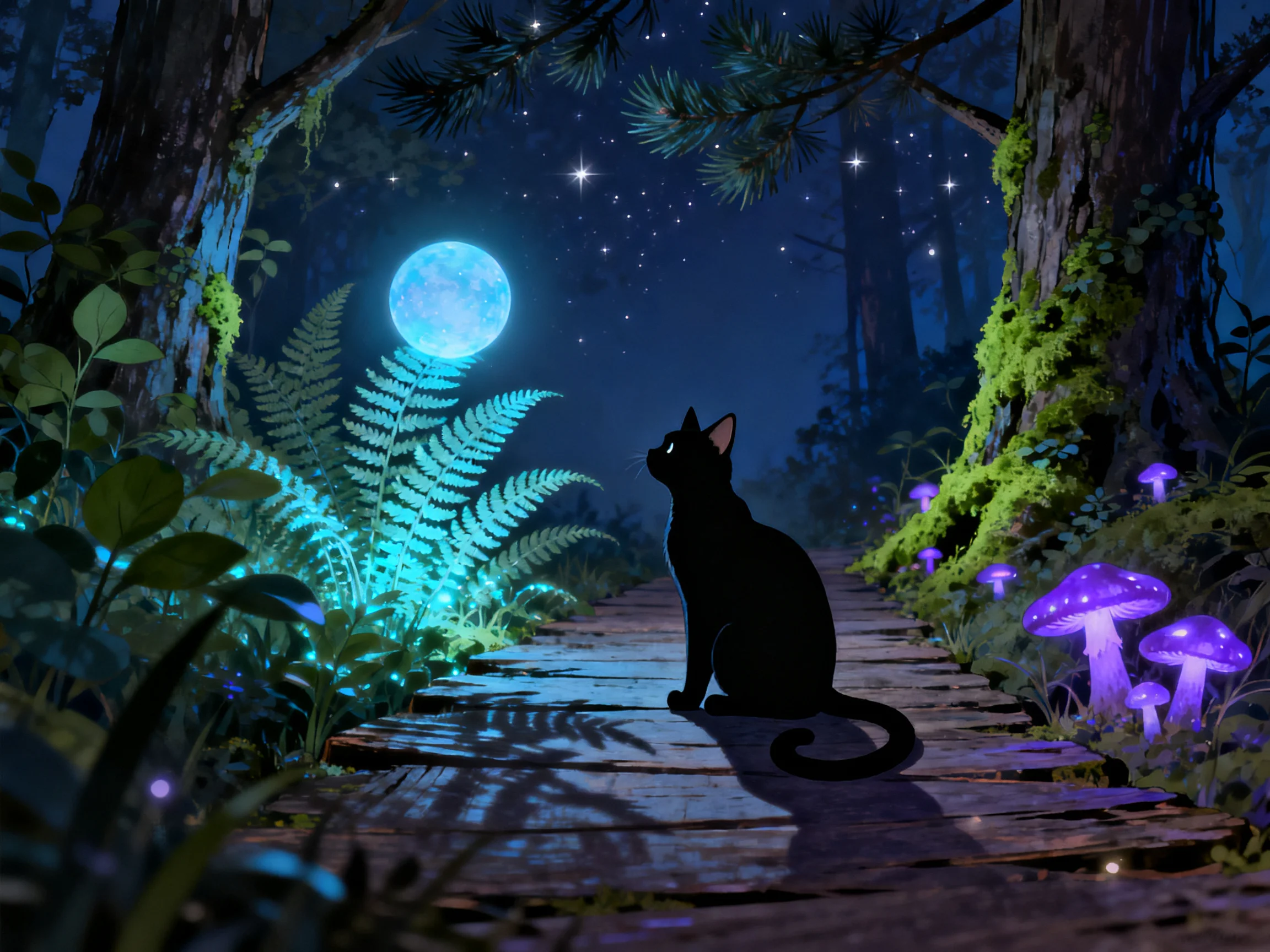 A black cat observes a bright moon in an enchanted nighttime forest.