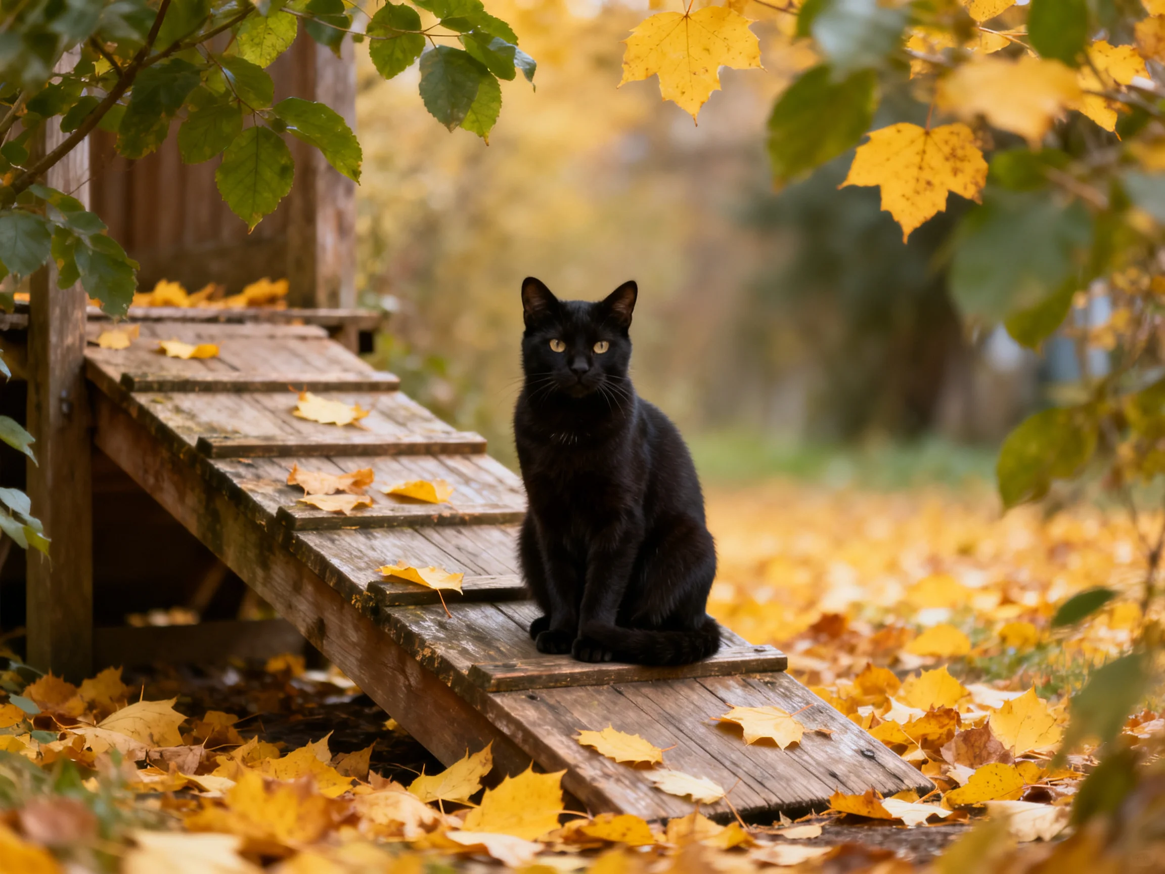 A black cat sits on a wooden ramp surrounded by fallen autumn leaves