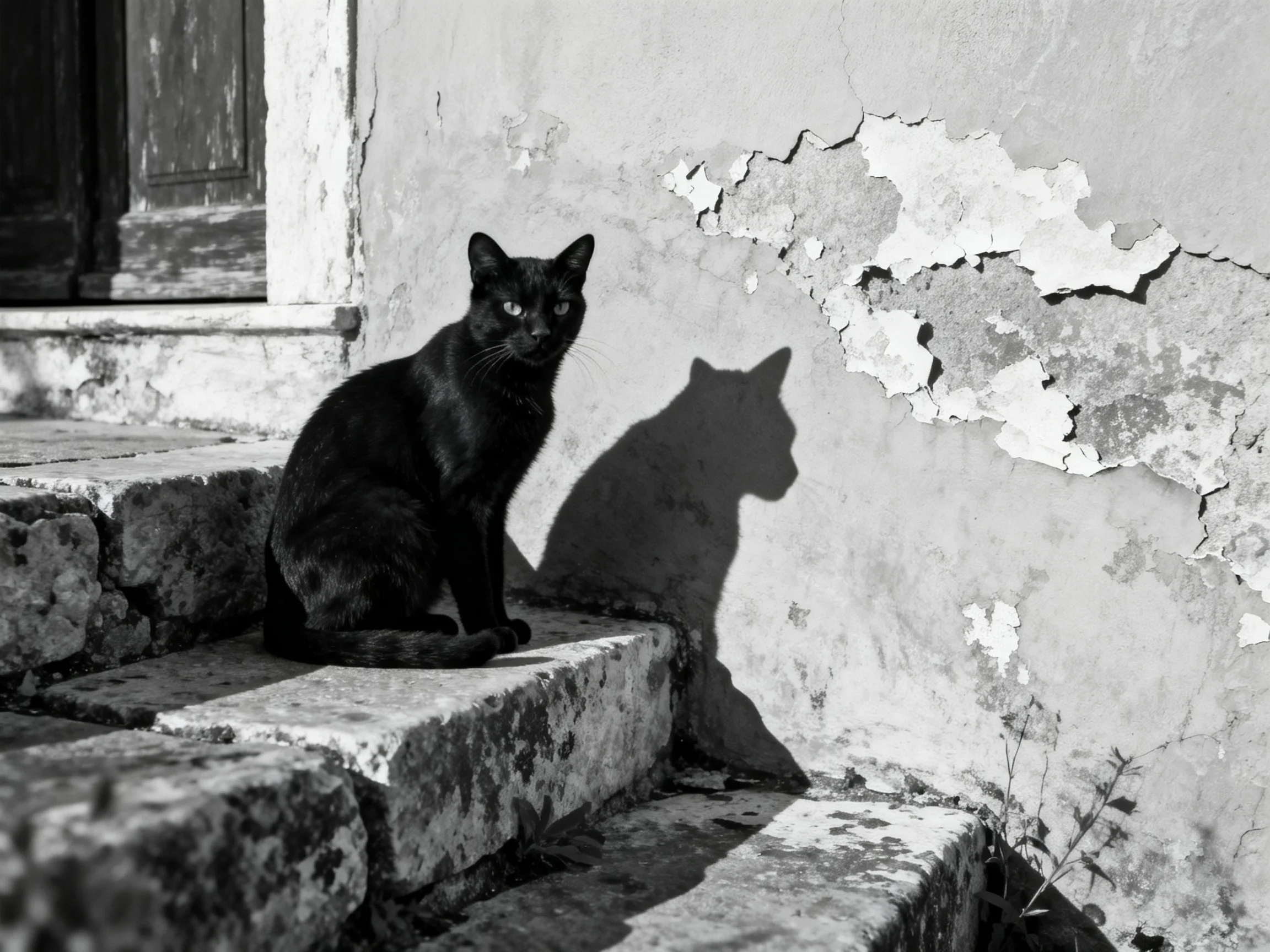 A black cat sits on stone steps beside a peeling wall with its shadow