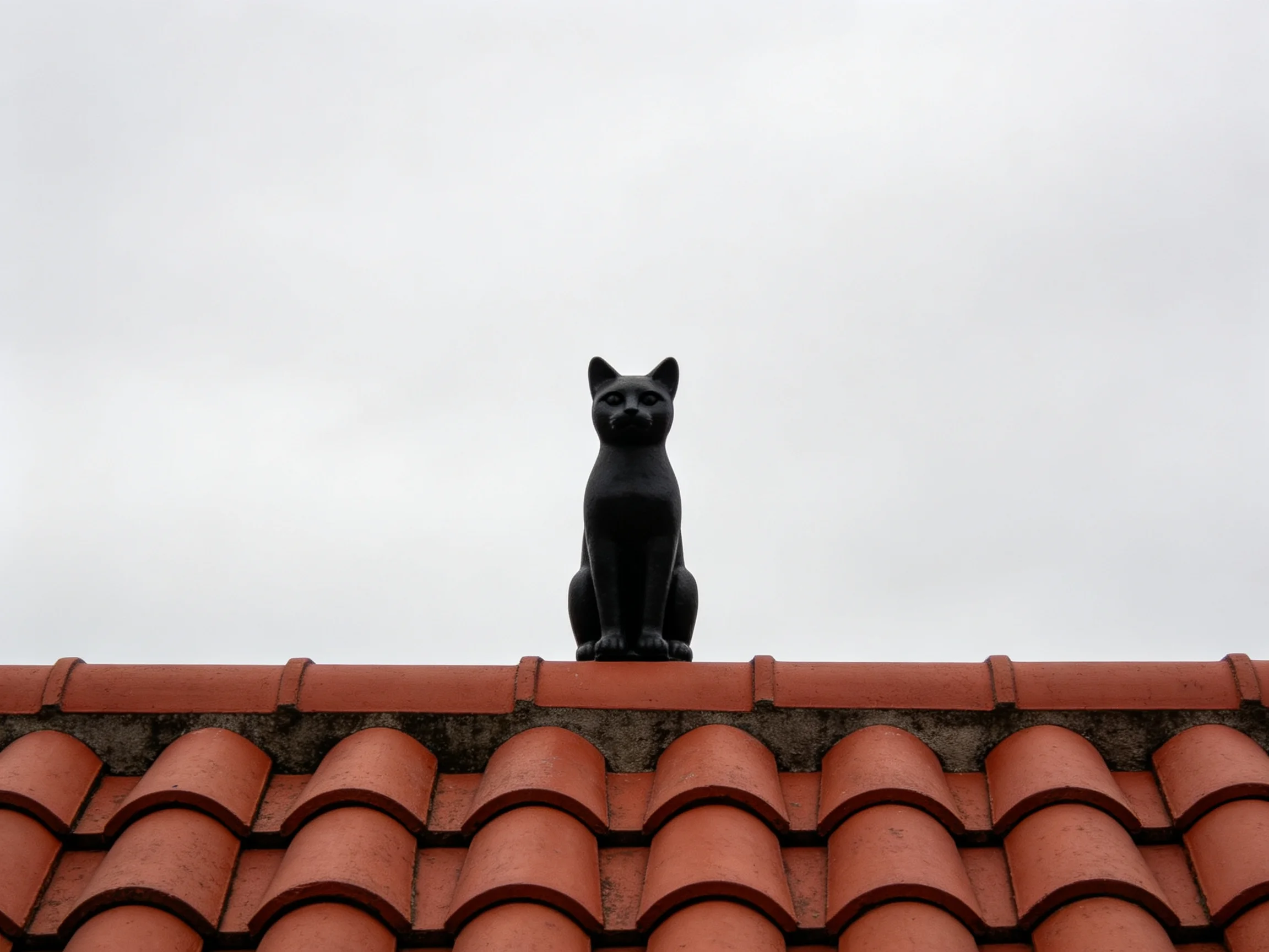 A black cat statue sits on a terracotta-tiled rooftop under an overcast sky