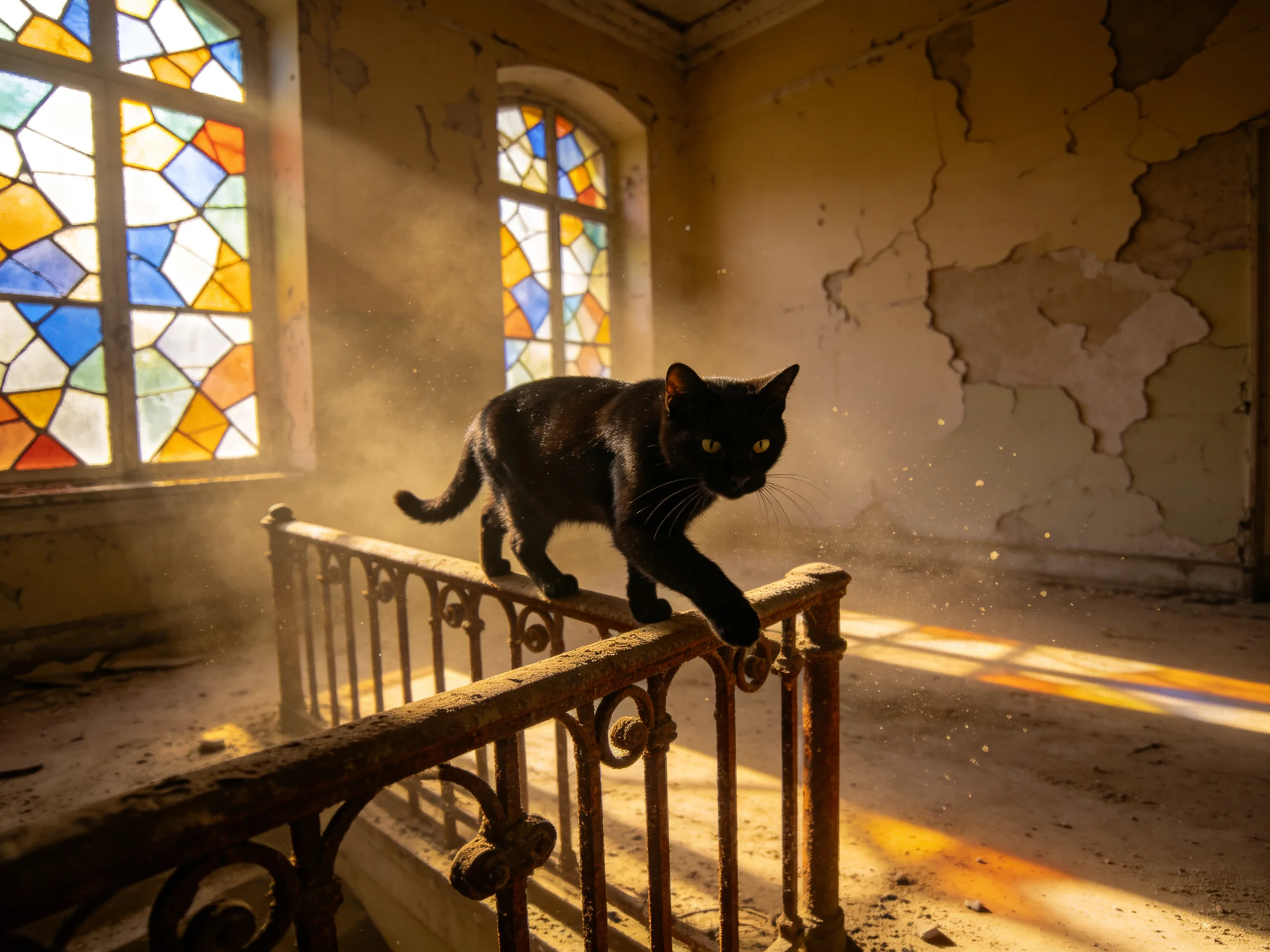 A black cat walks along a rusted railing near colorful stained glass windows