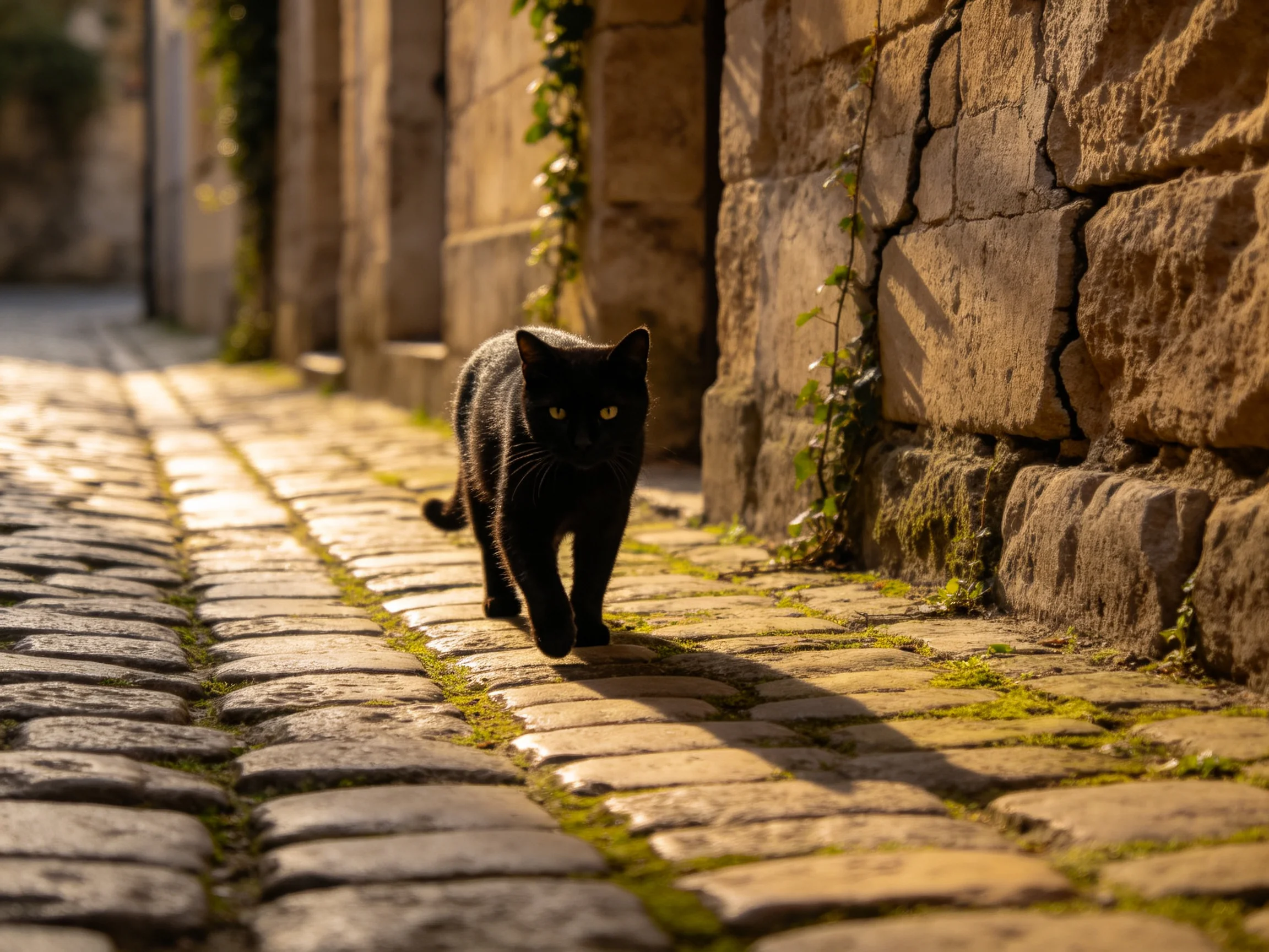 A black cat walks along an ancient cobblestone street beside weathered stone walls
