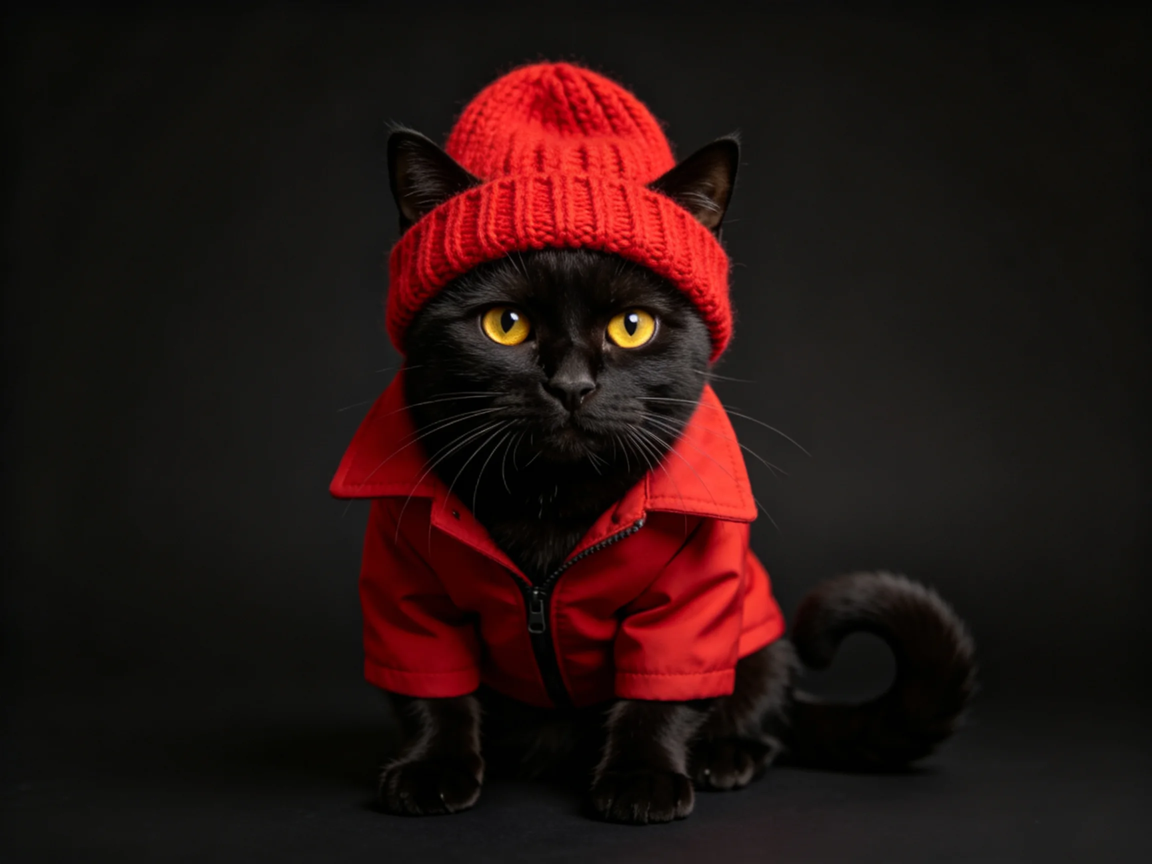 A black cat wearing red clothing and a red knit hat