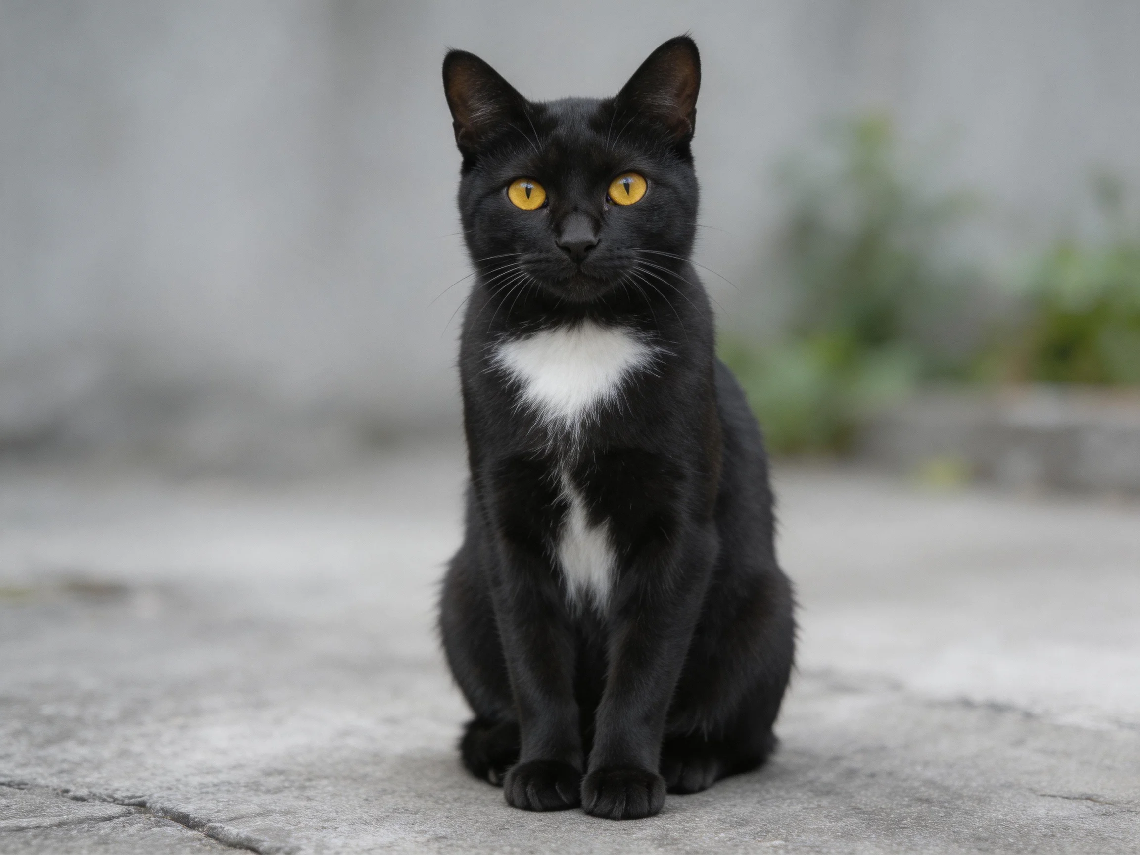 A black cat with a white chest sits on gray pavement