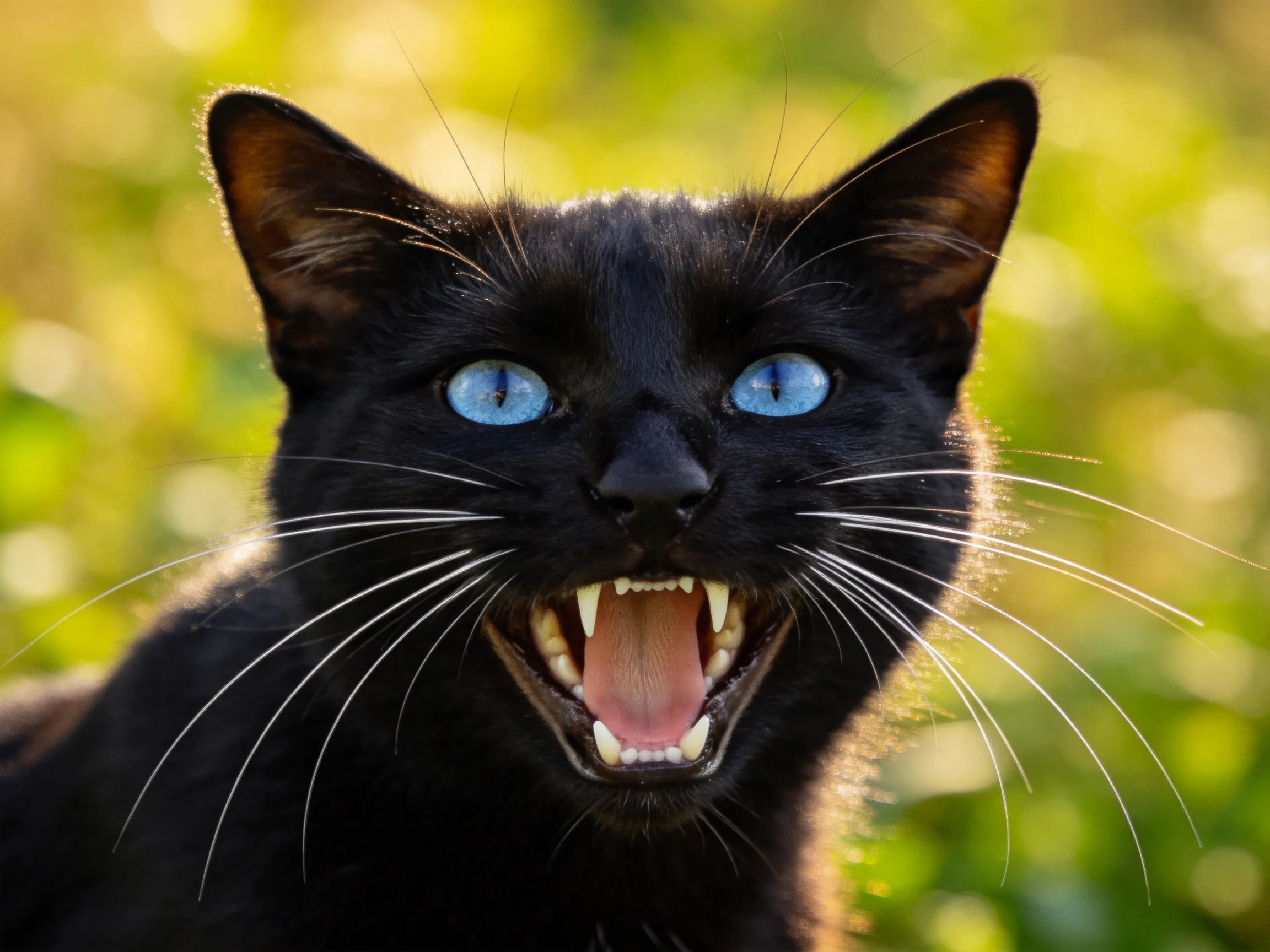 A black cat with blue eyes shows its teeth while outdoors.