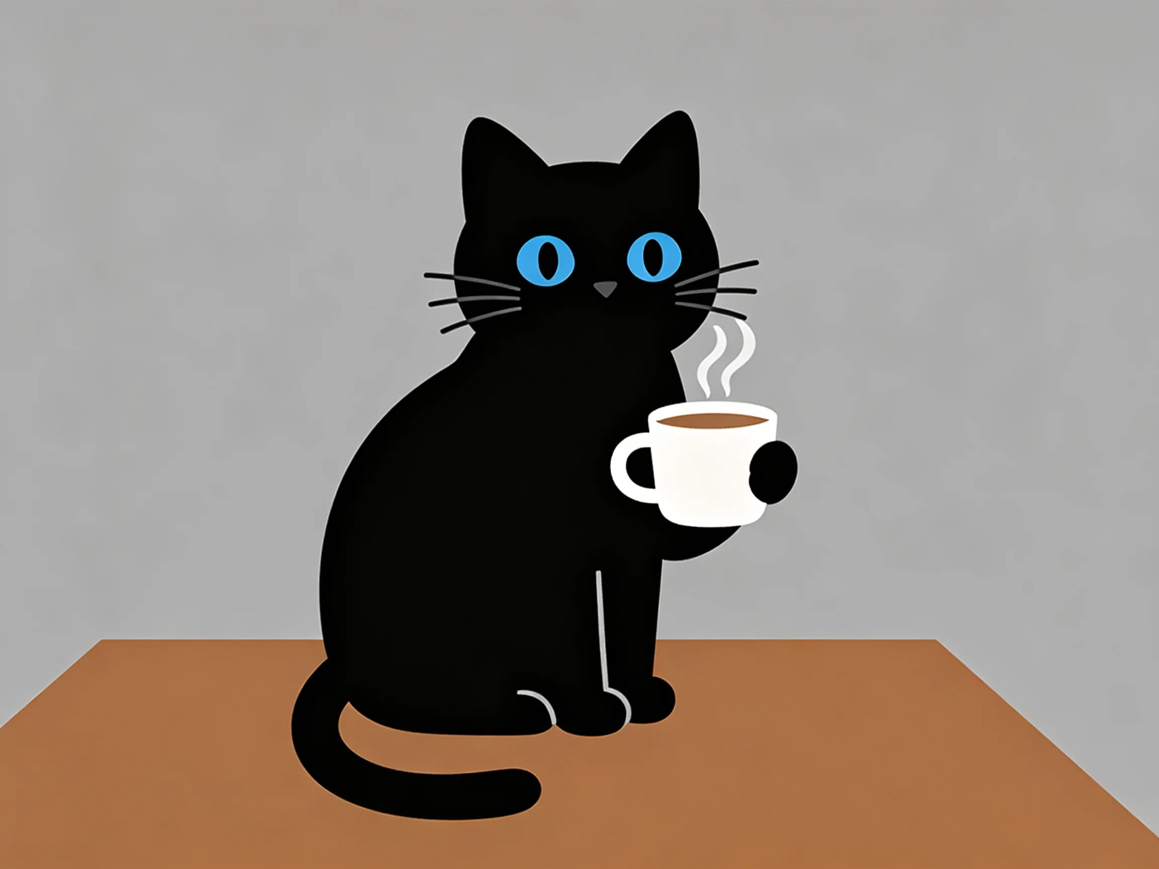 A black cat with blue eyes holds a mug on a brown table
