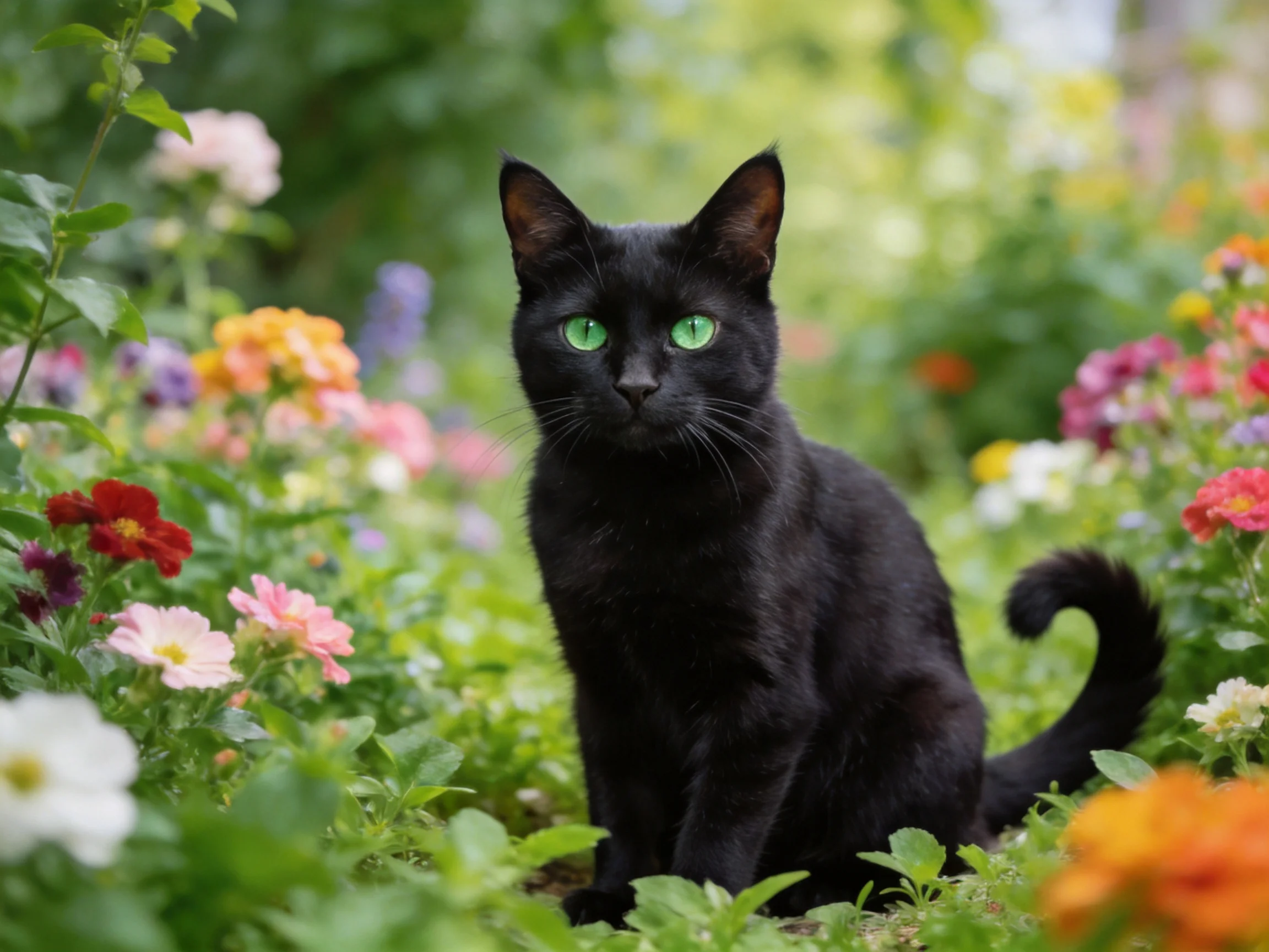 A black cat with green eyes is in a flower-filled garden.