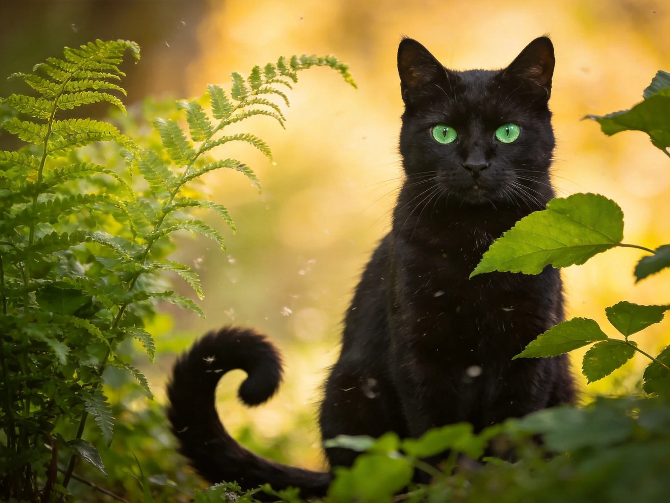 A black cat with green eyes sits amid plants in a sunlit natural setting.