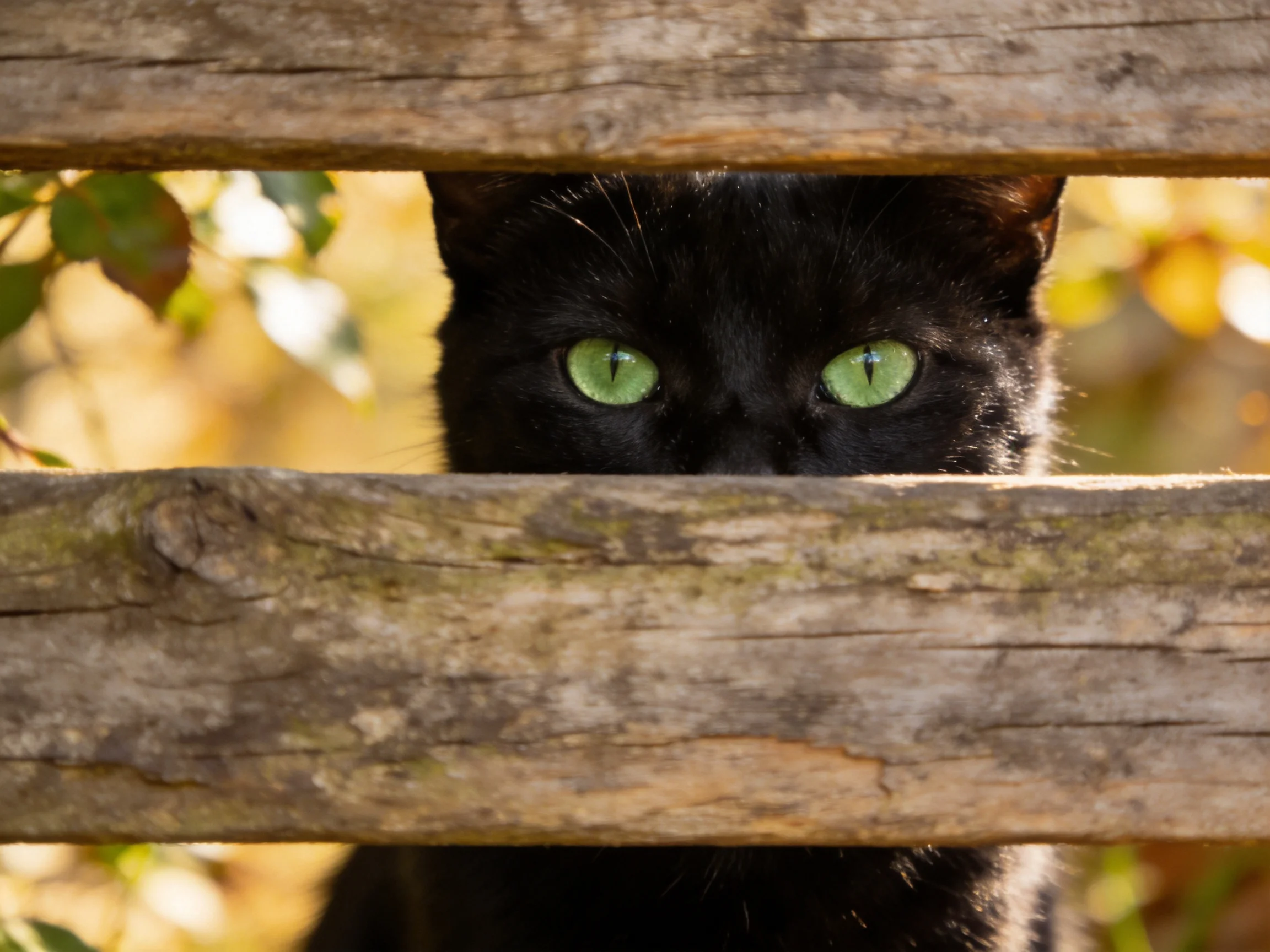A black cat with green eyes peeks through aged wooden slats.