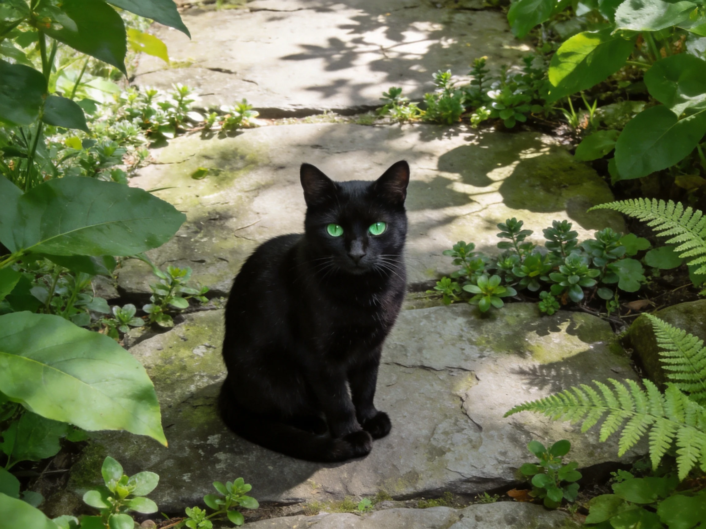 A black cat with green eyes sits on a stone path in a garden.